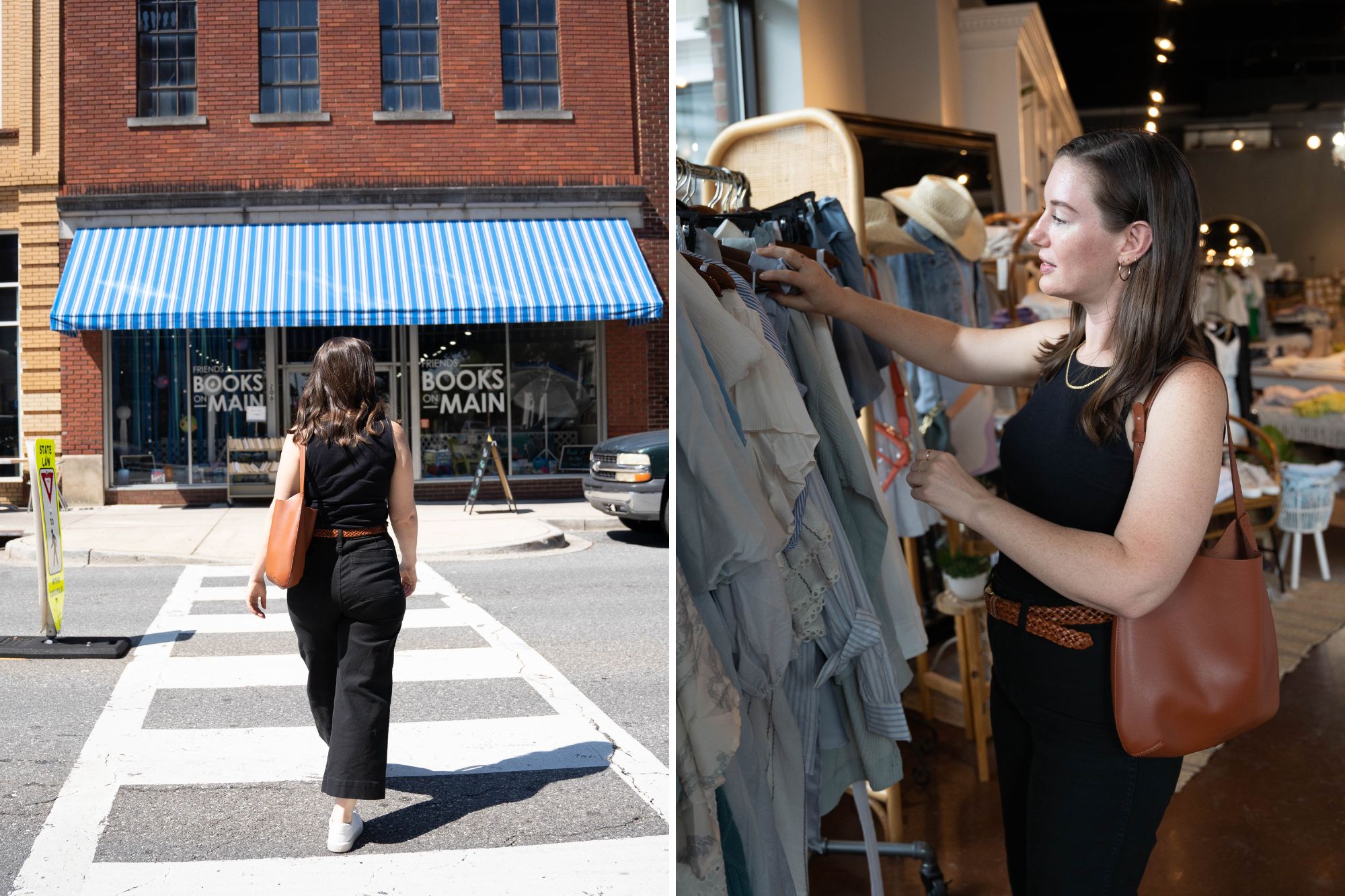 Collage of two images: Alyssa walking in downtown Rock Hill, and shopping at Broadcloth Boutique