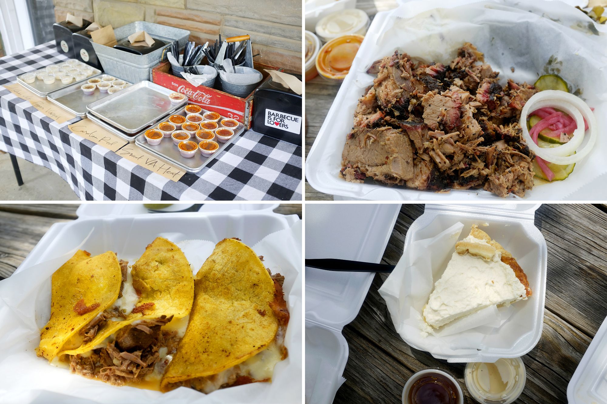 Images of the food: Clockwise, top left: Assorted BBQ sauces, brisket, birria tacos, and vinegar pie