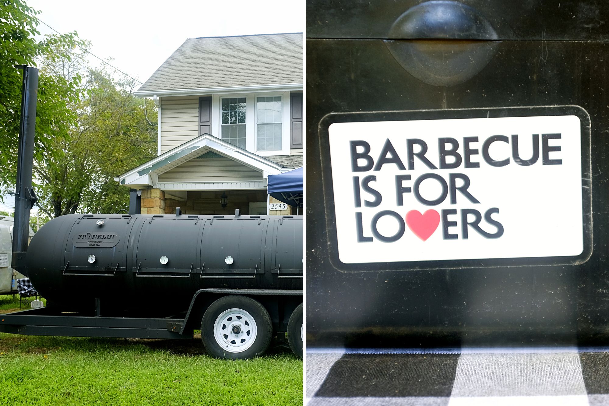 Collage: smoker at Mama Jean's and a "Barbecue is for lovers" sticker