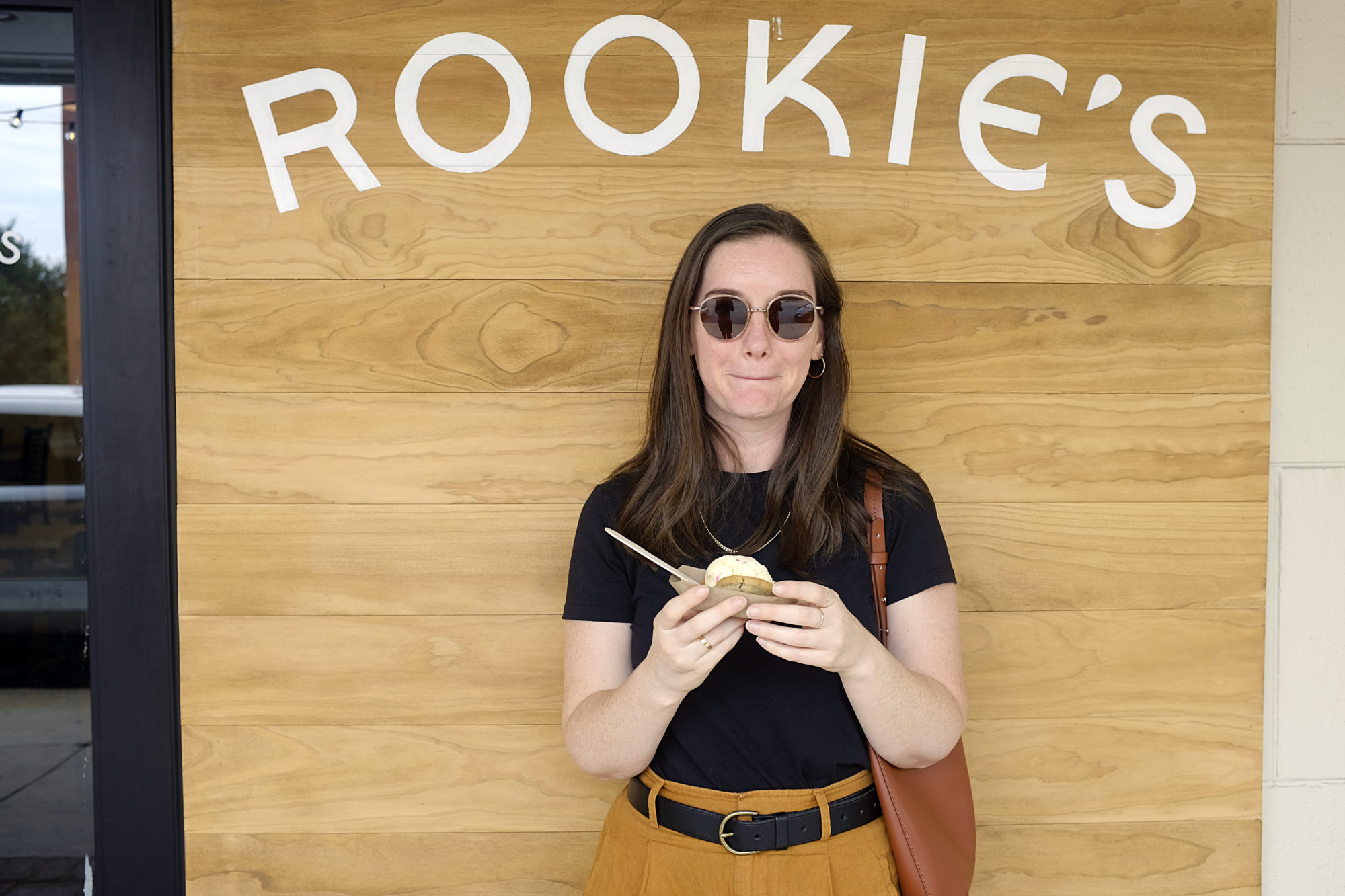 Alyssa holds an ice cream sandwich at Rookie's