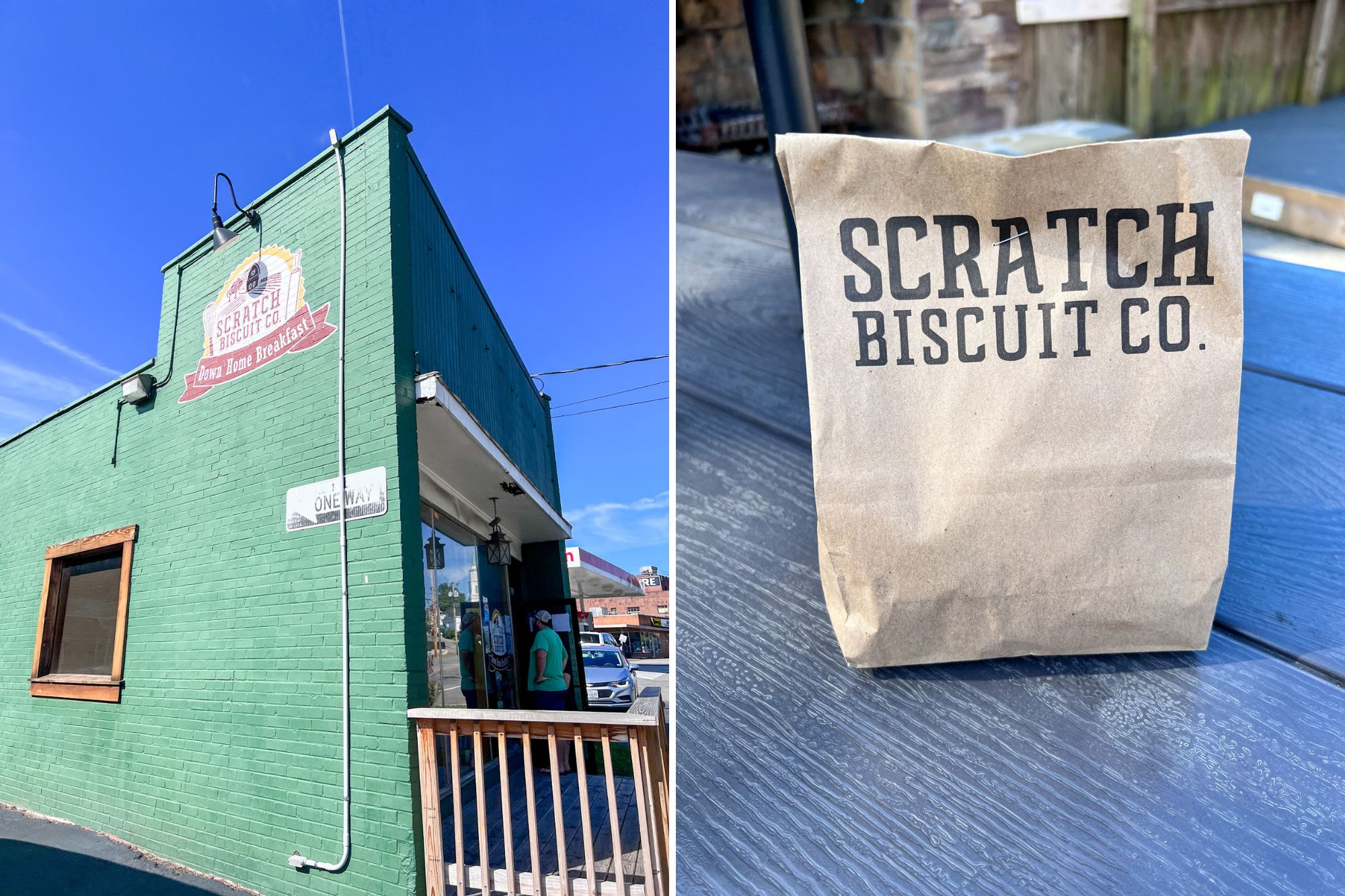 Exterior of Scratch Biscuit Co. and a bag of biscuits