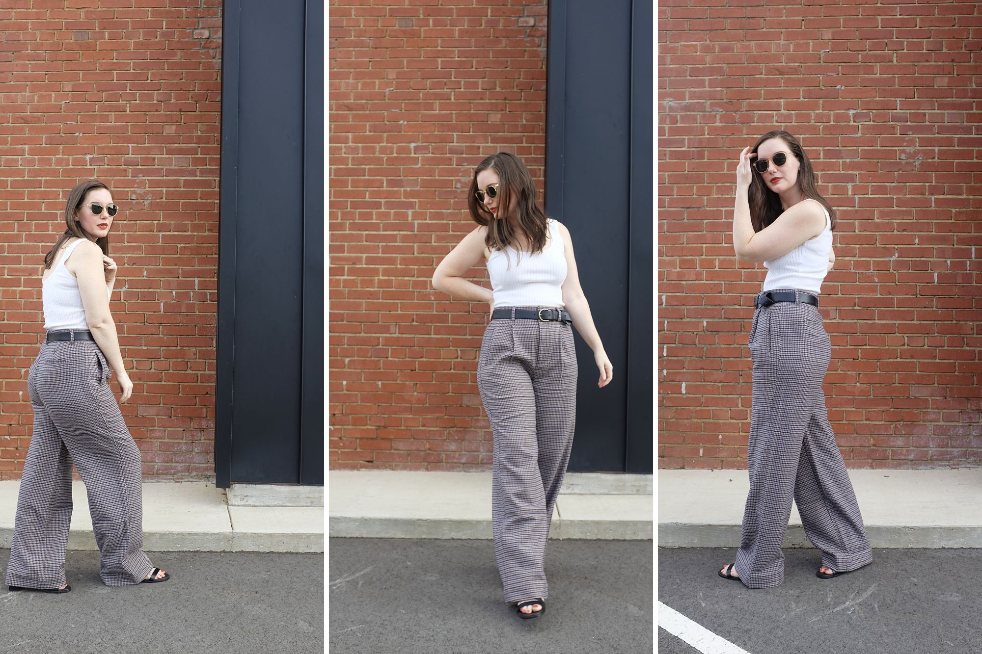 Alyssa wears The ReWool Way-High Drape Pant in three photos