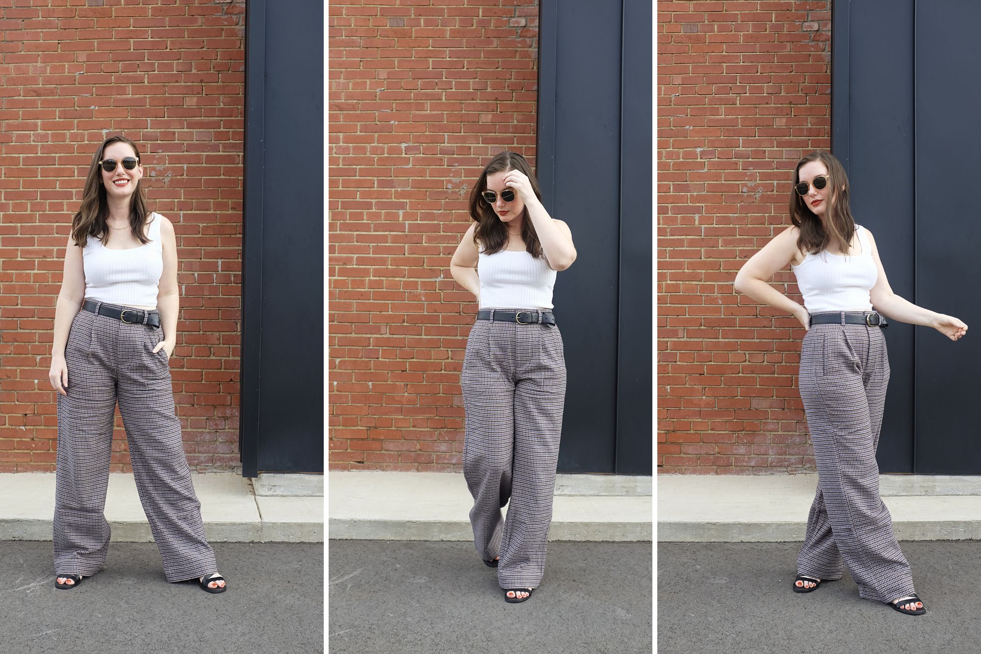 Alyssa wears The ReWool Way-High Drape Pant in three photos