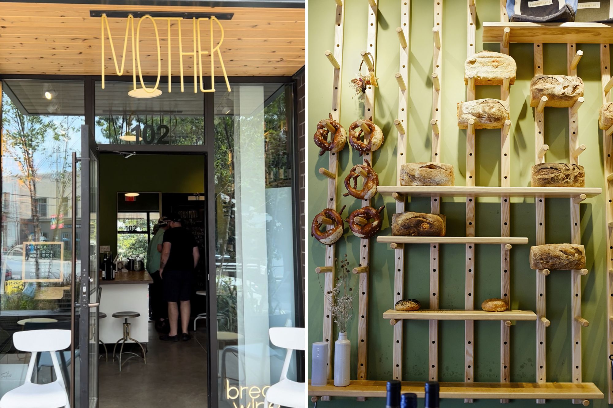 Exterior of mother bread and wine and a wall of bread and pretzels