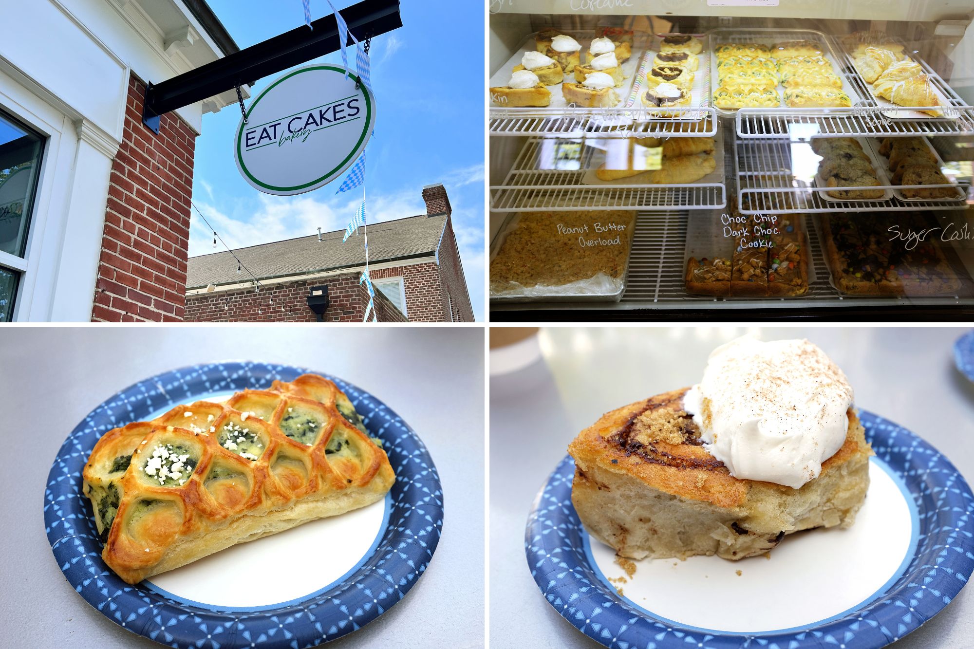 Collage of images from Eat Cakes: the sign, pastry case, and two pastries
