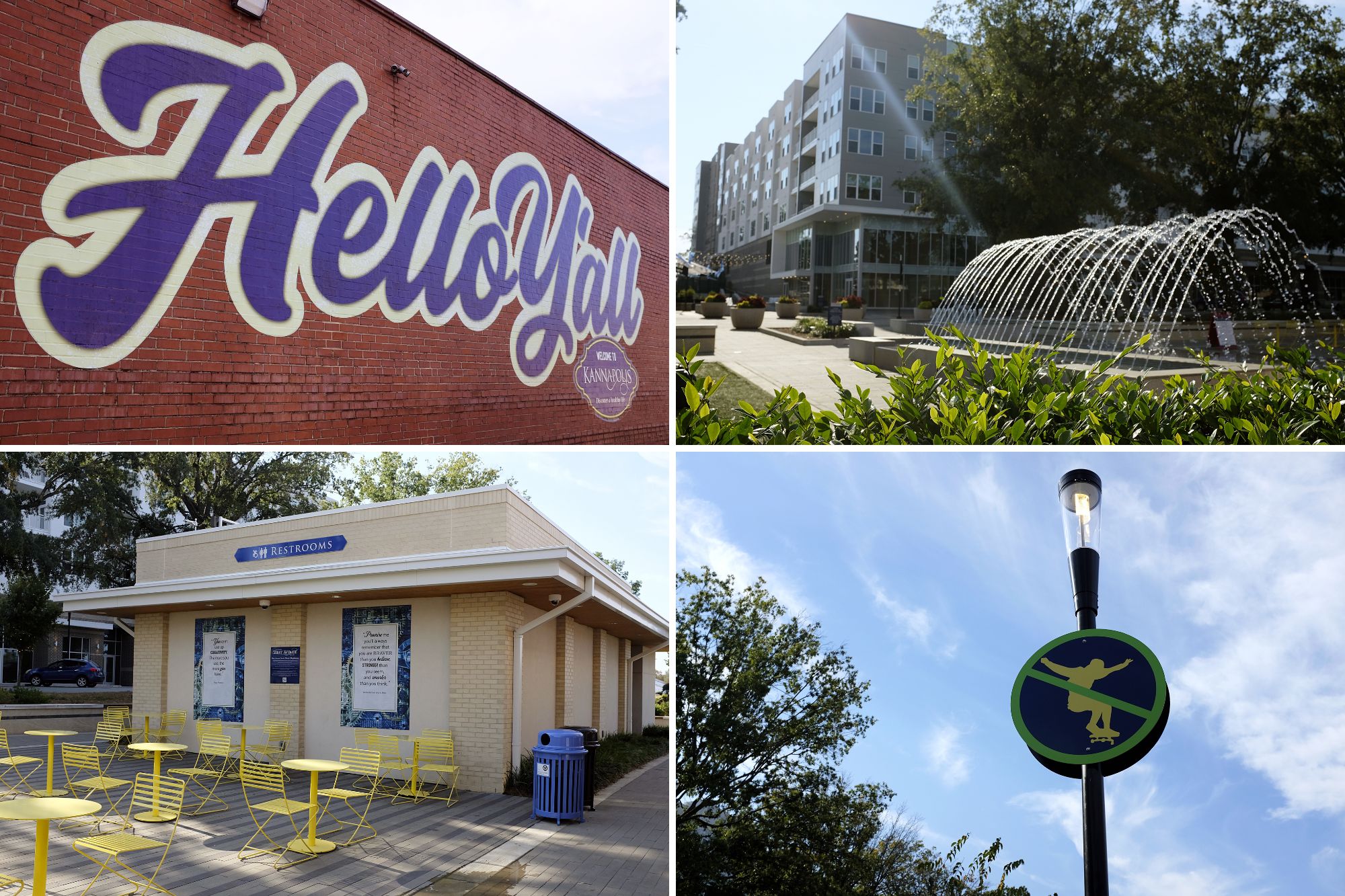 Collage of public restrooms and features in downtown Kannapolis