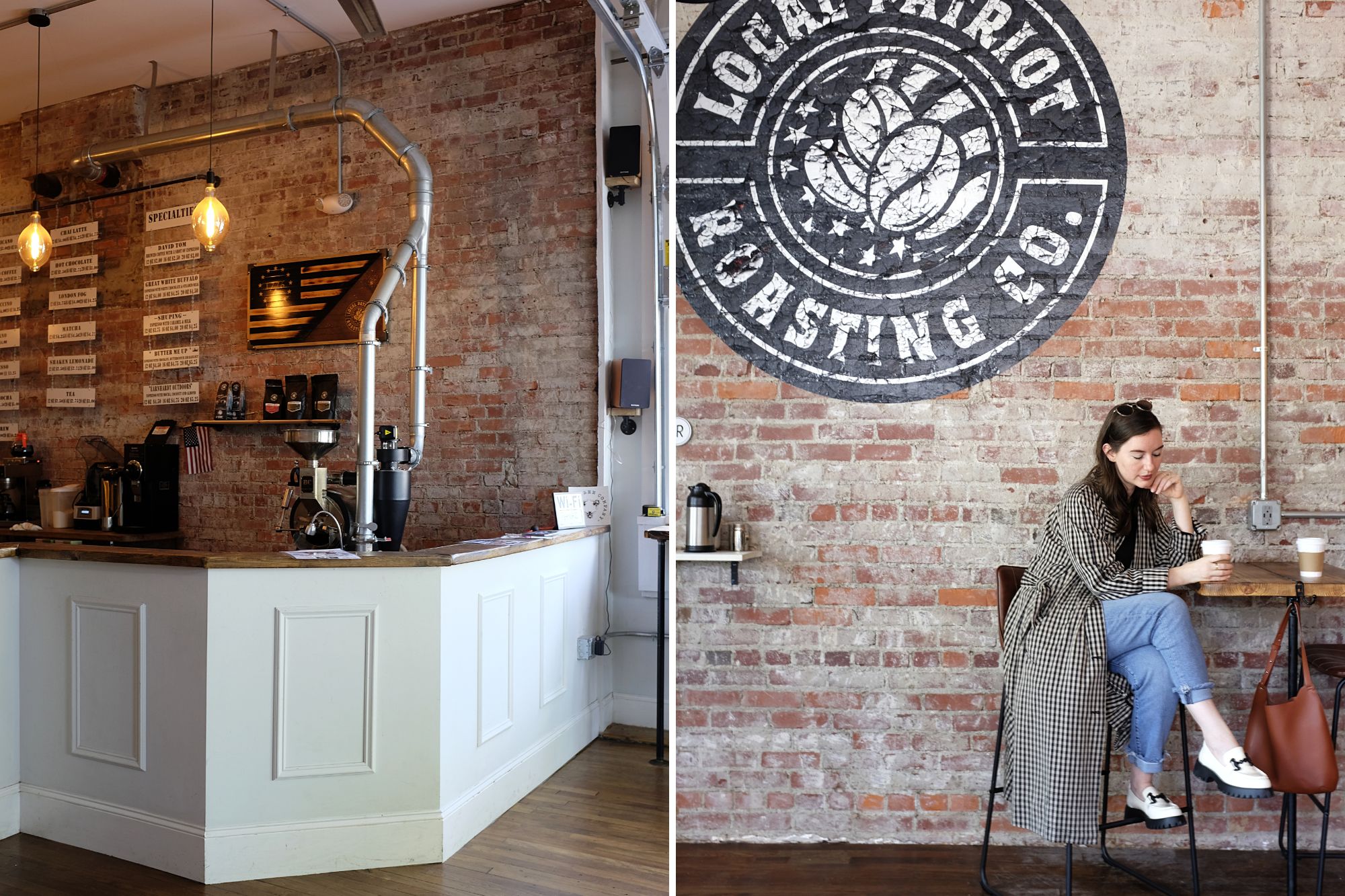 Two images of Local Patriot Roasting Company; one of the coffee bar and one of Alyssa sitting at a table with coffee