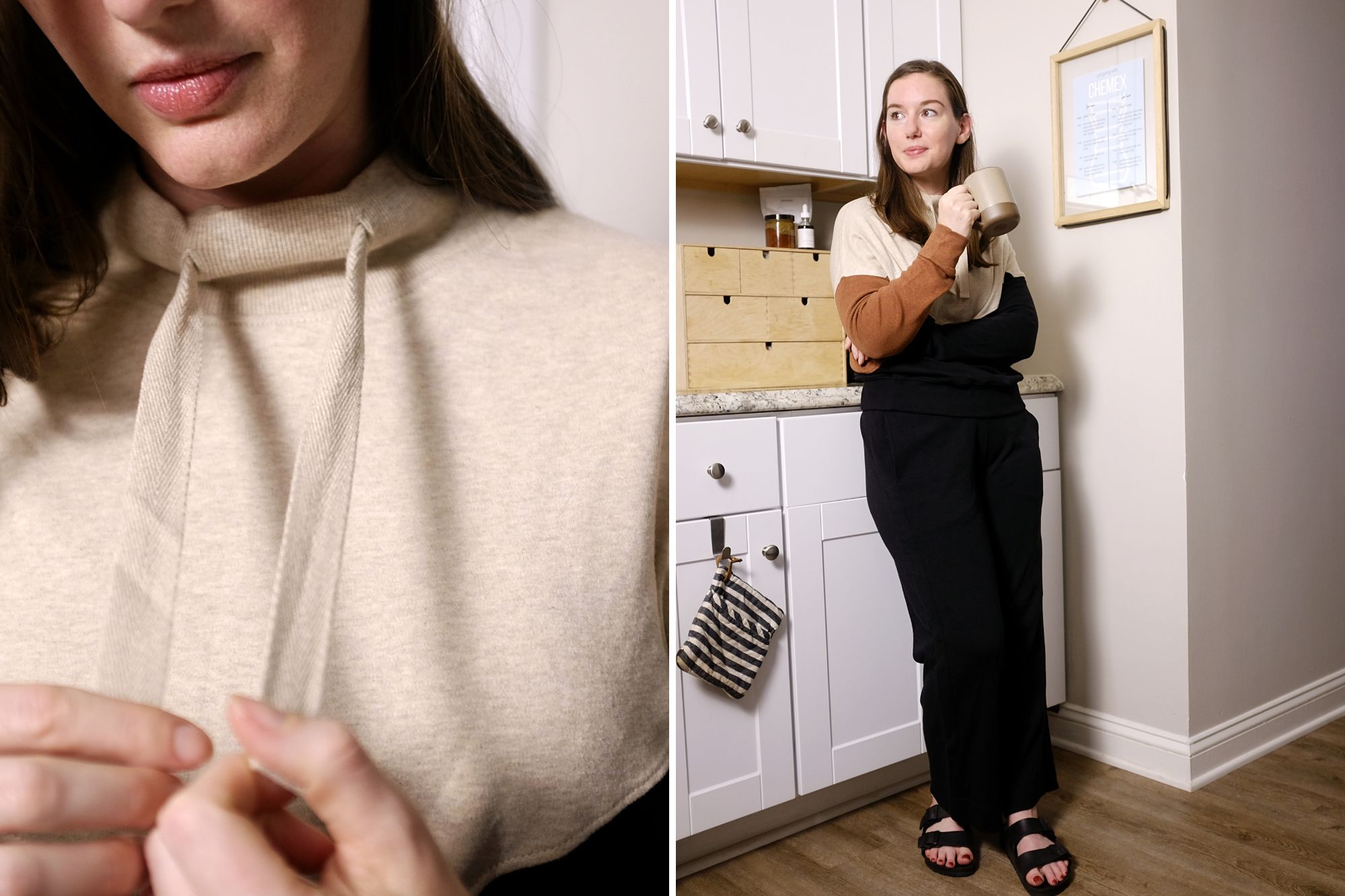 Two photos of Alyssa in Pact's Airplane Colorblock Pullover