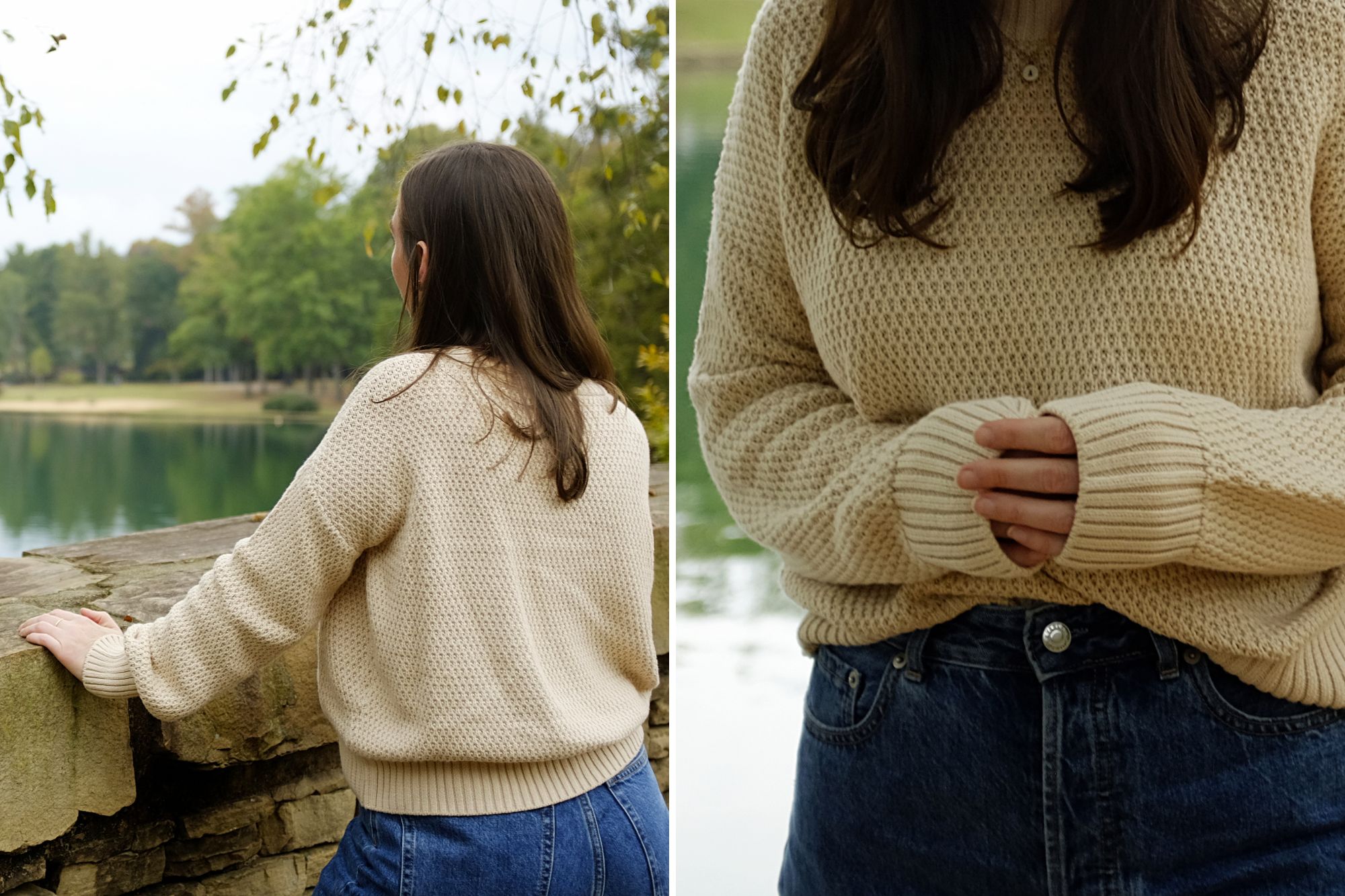 Alyssa wears the Honeycomb sweater from Pact with jeans and boots in two images