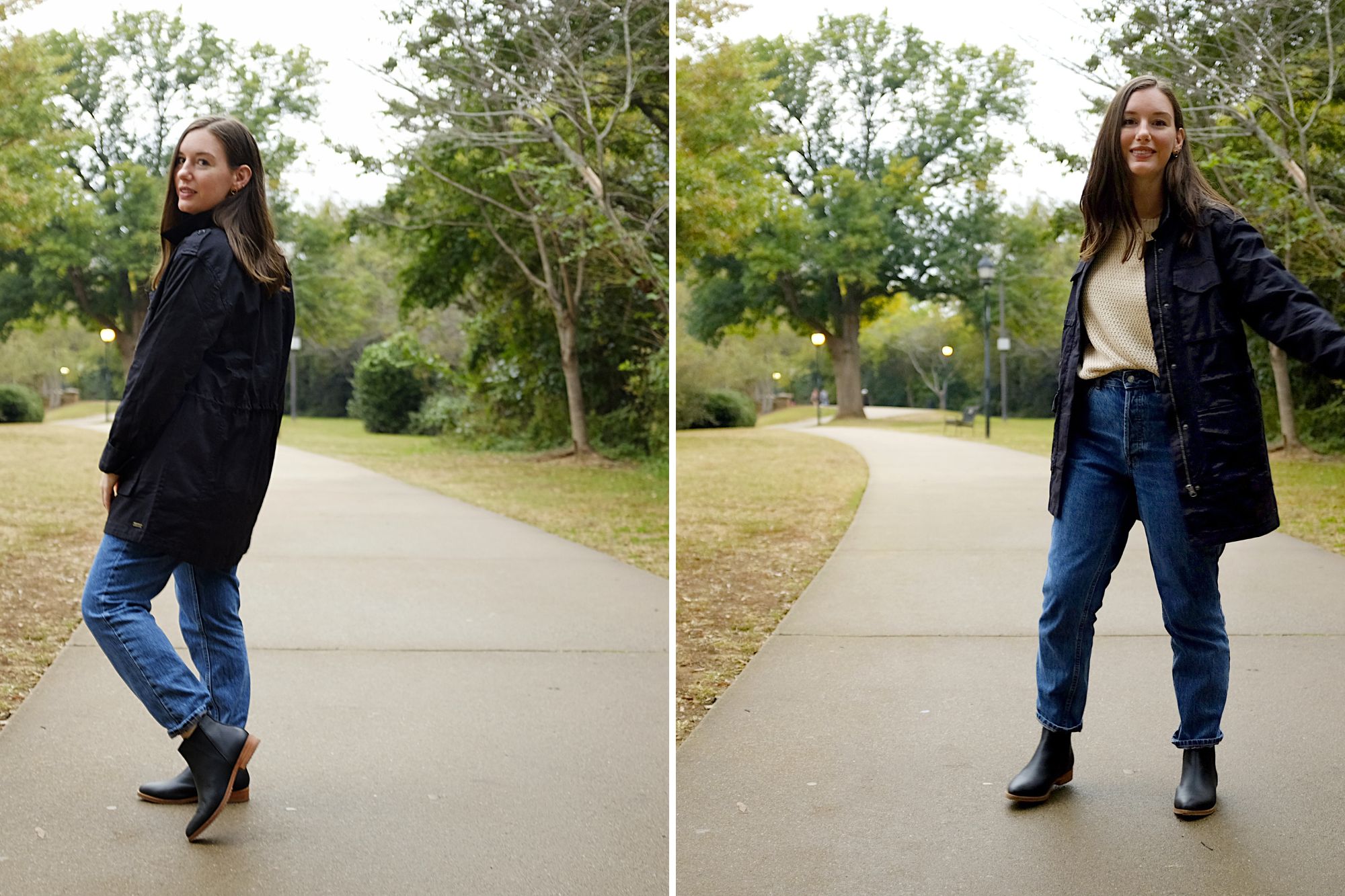 Alyssa wears the Pact Lined Woven Safari Jacket with a sweater and jeans in two images