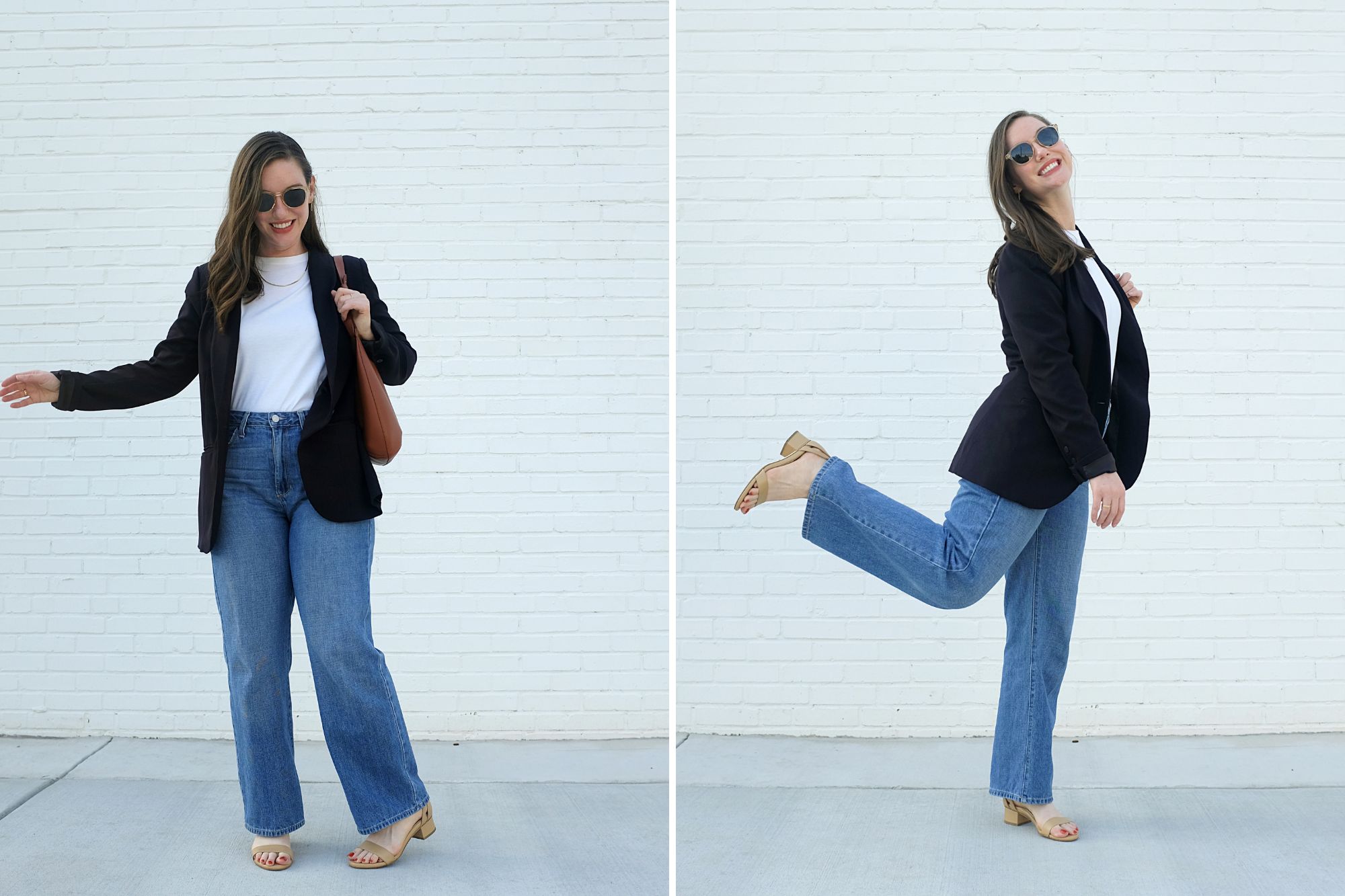 Two images of Alyssa wearing the Perfect Block Sandal from Sarah Flint in front of a white brick wall