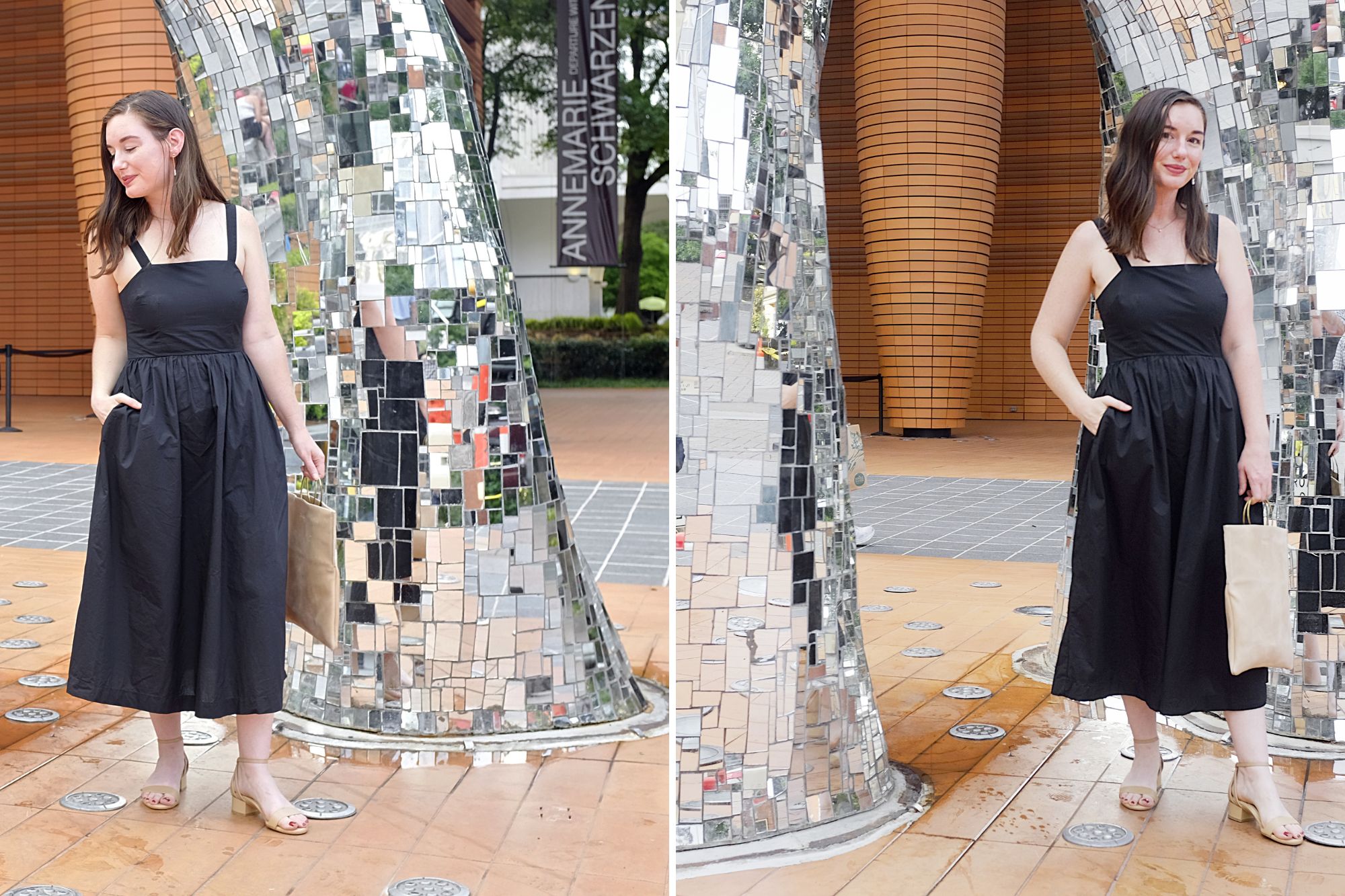 Alyssa wears a black dress and the Perfect Block Sandals