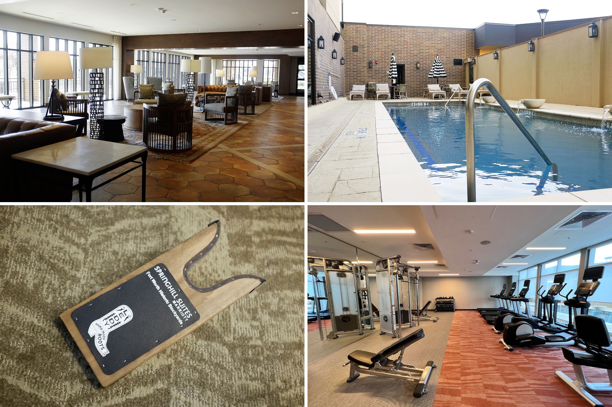 The hotel lobby, pool, and fitness center