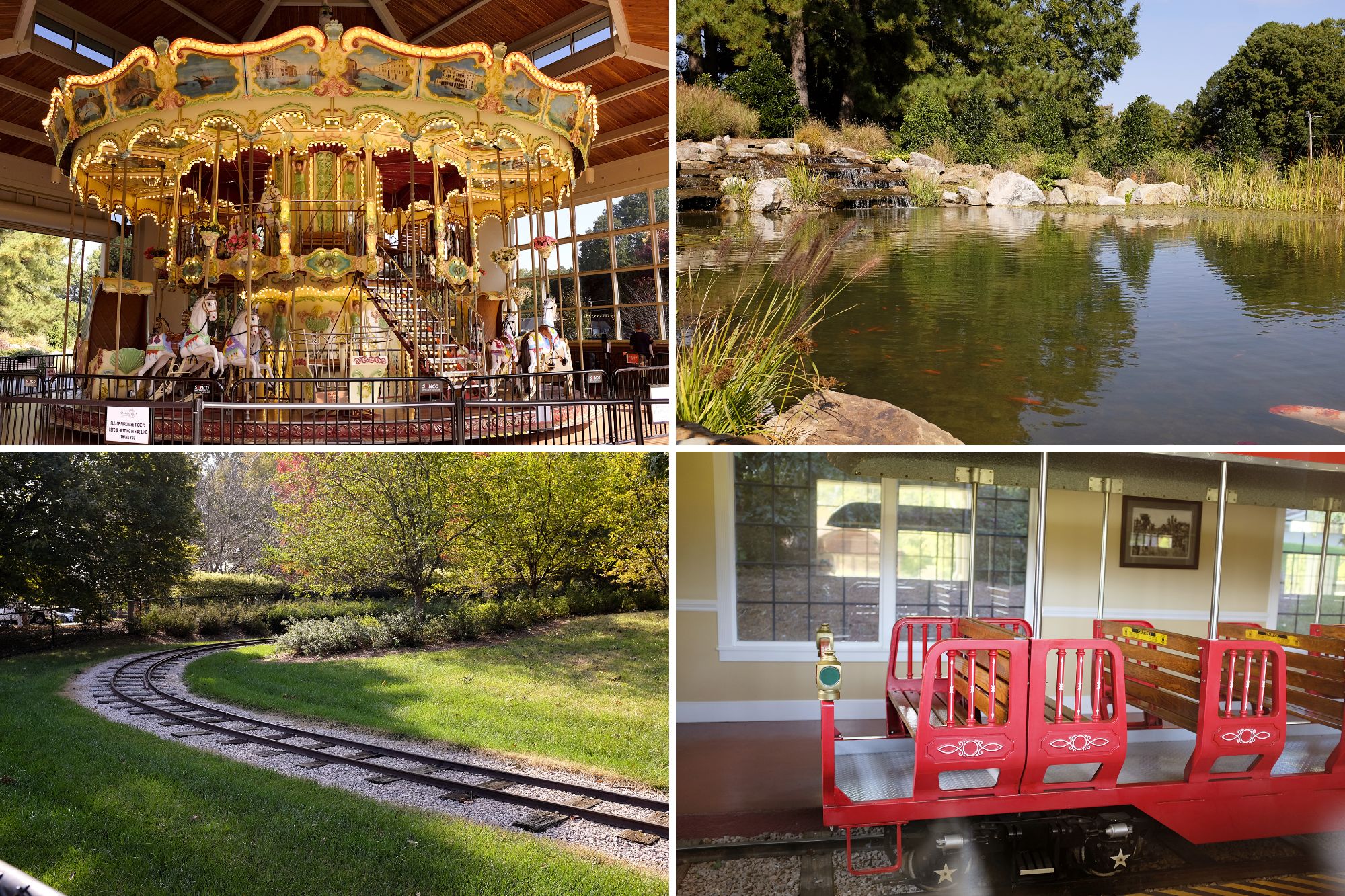 Collage of Village Park: carousel, pond, and train