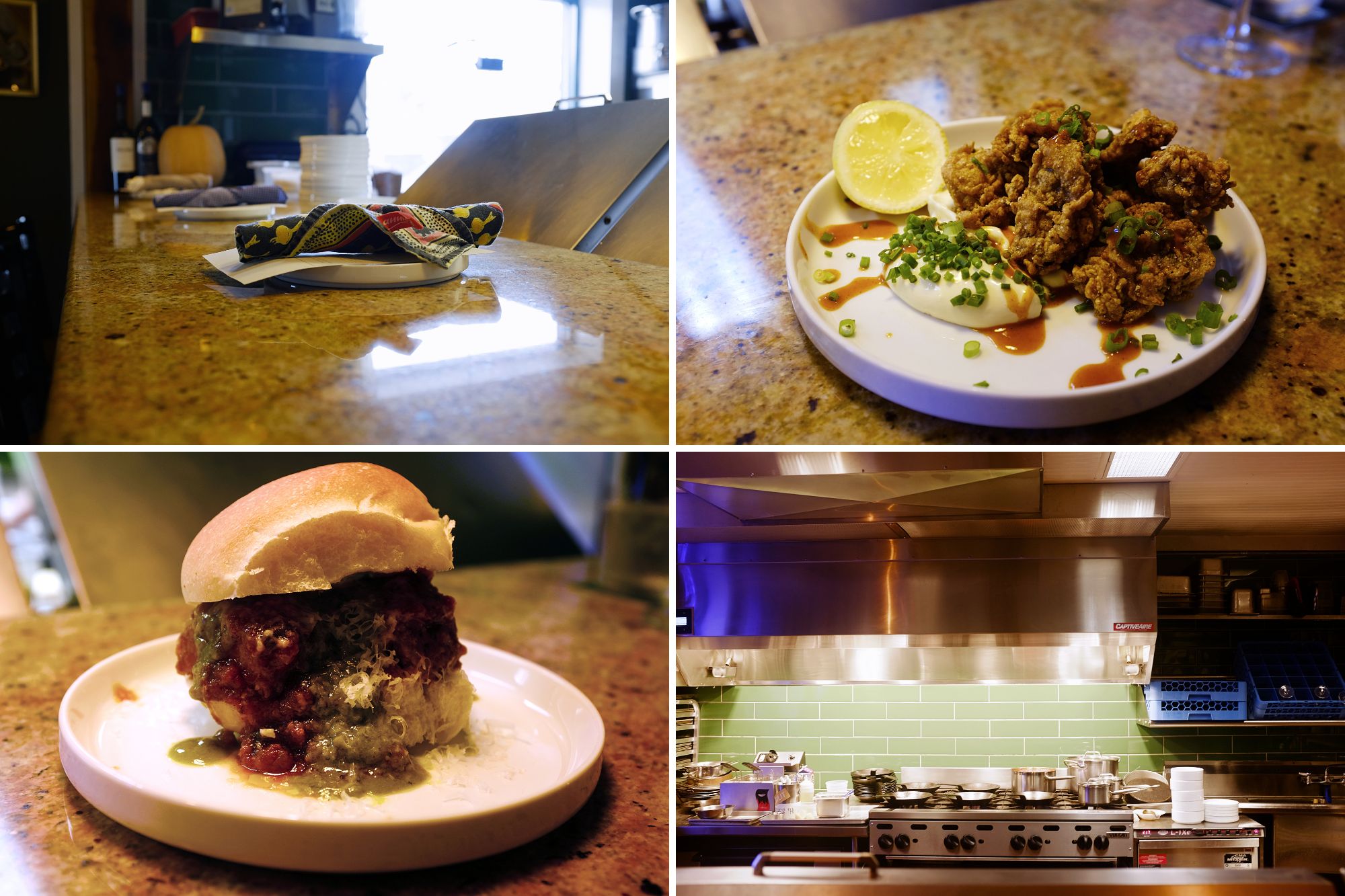 Collage of the bar at Blacksheep in Beaufort, including the meatball sandwich and fried oysters