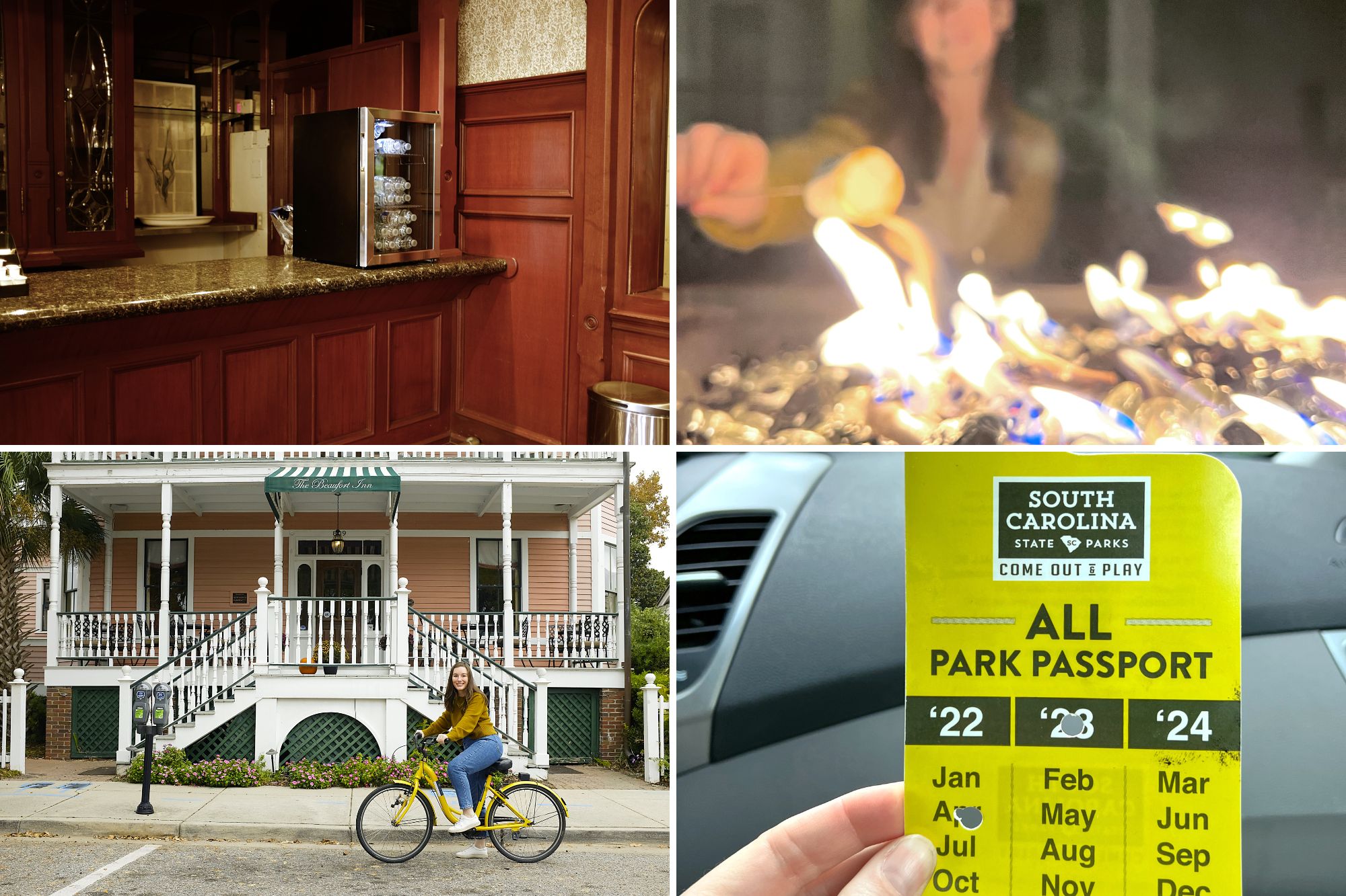 Amenities at The Beaufort Inn: Free water, firepit and smores, free bikes, and park pass