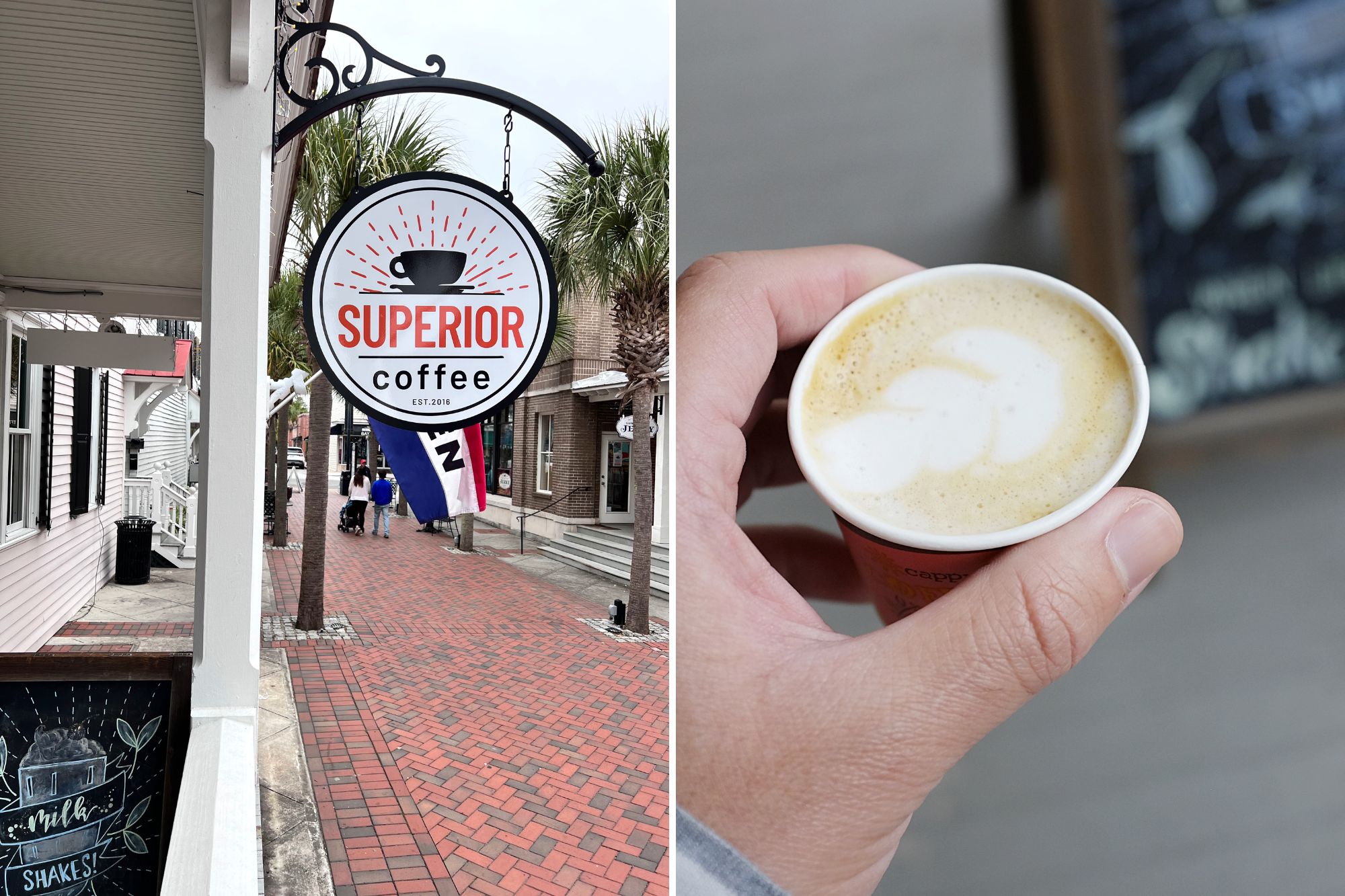 Exterior of Lowcountry Cider Co. & Superior Coffee Beaufort and a cup of coffee