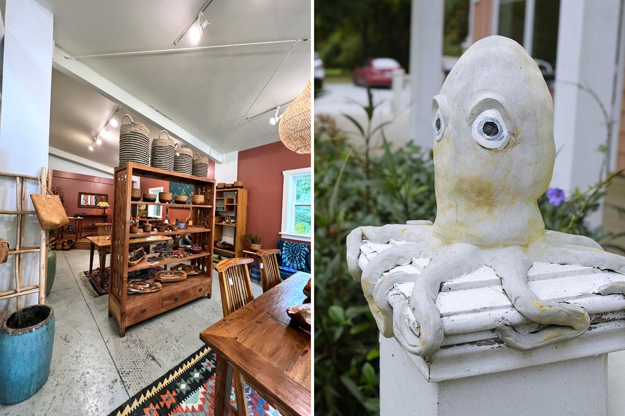 Interior of McBride Studios and a ceramic Octopus on a railing