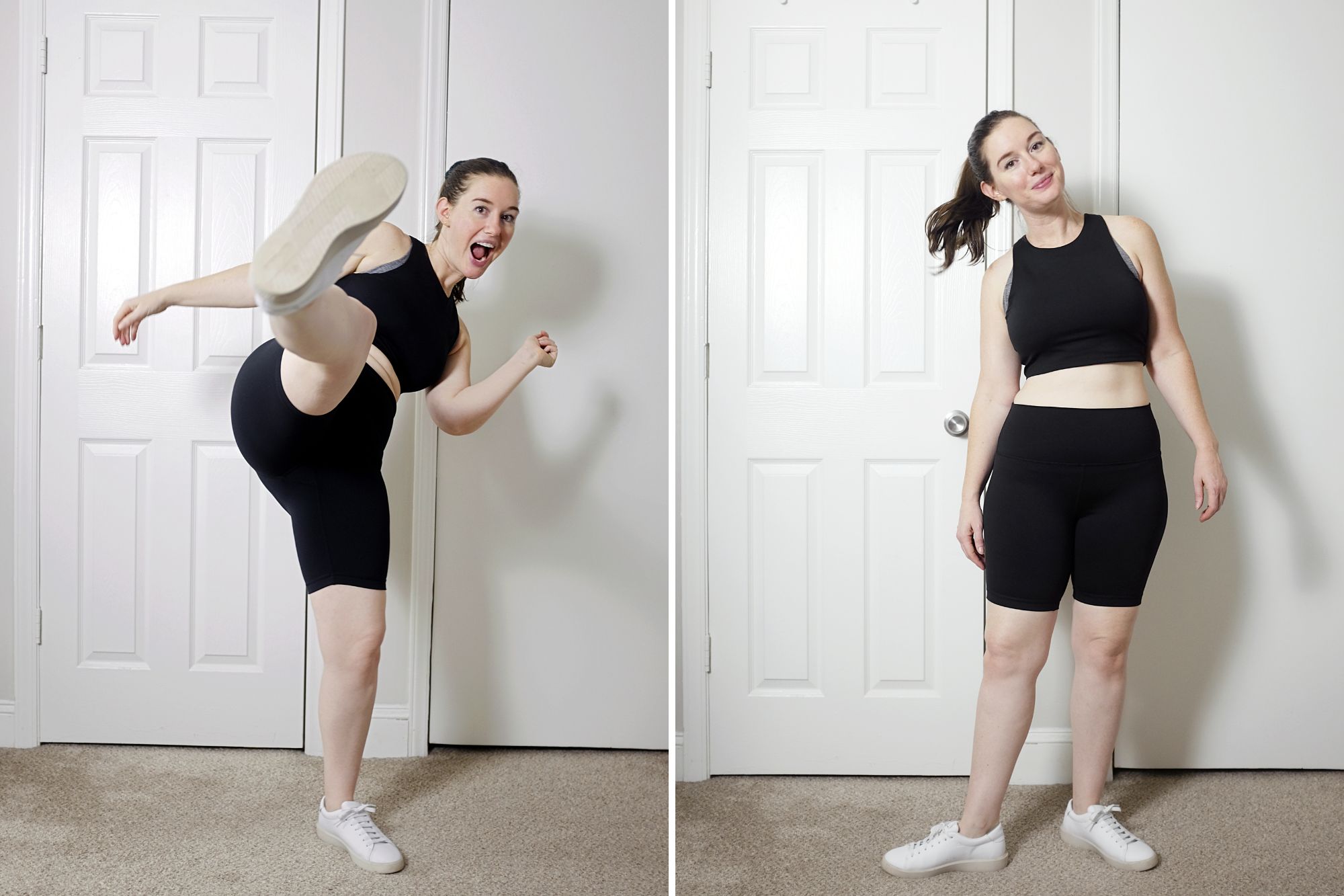 Alyssa wears the Flowknit Ultra-Soft Performance Biker Short from Quince in two photos (and acts a bit silly)