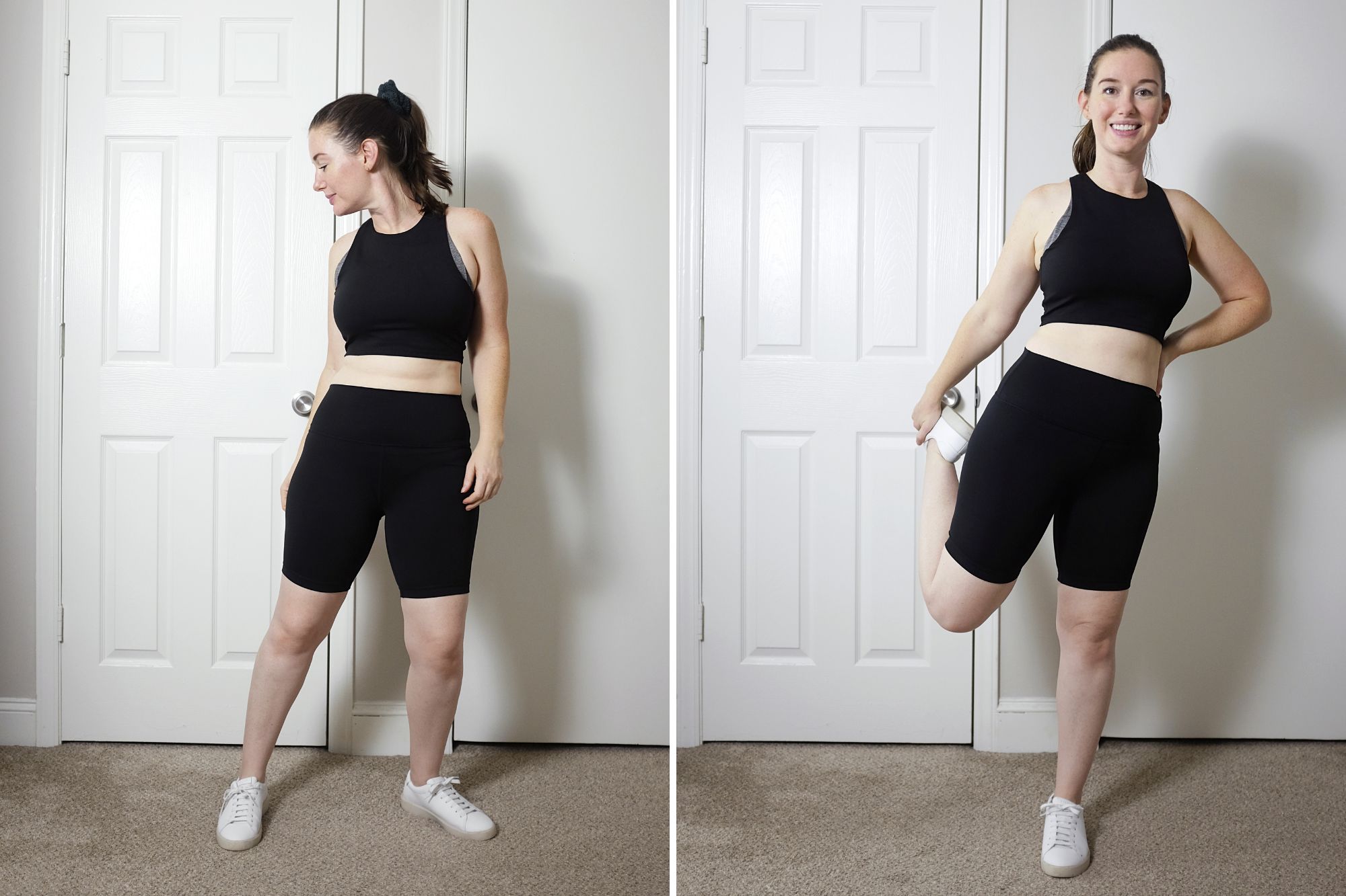 Alyssa wears the Flowknit Ultra-Soft Performance Biker Short in two photos