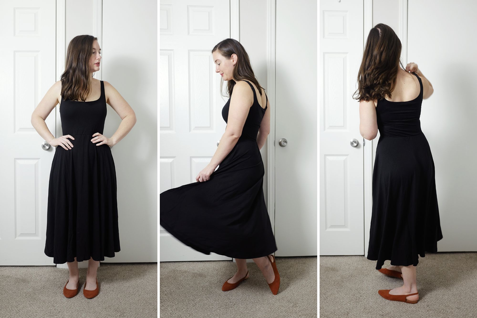 Alyssa wears the Tencel Jersey Fit & Flare Dress from Quince in a series of three photos