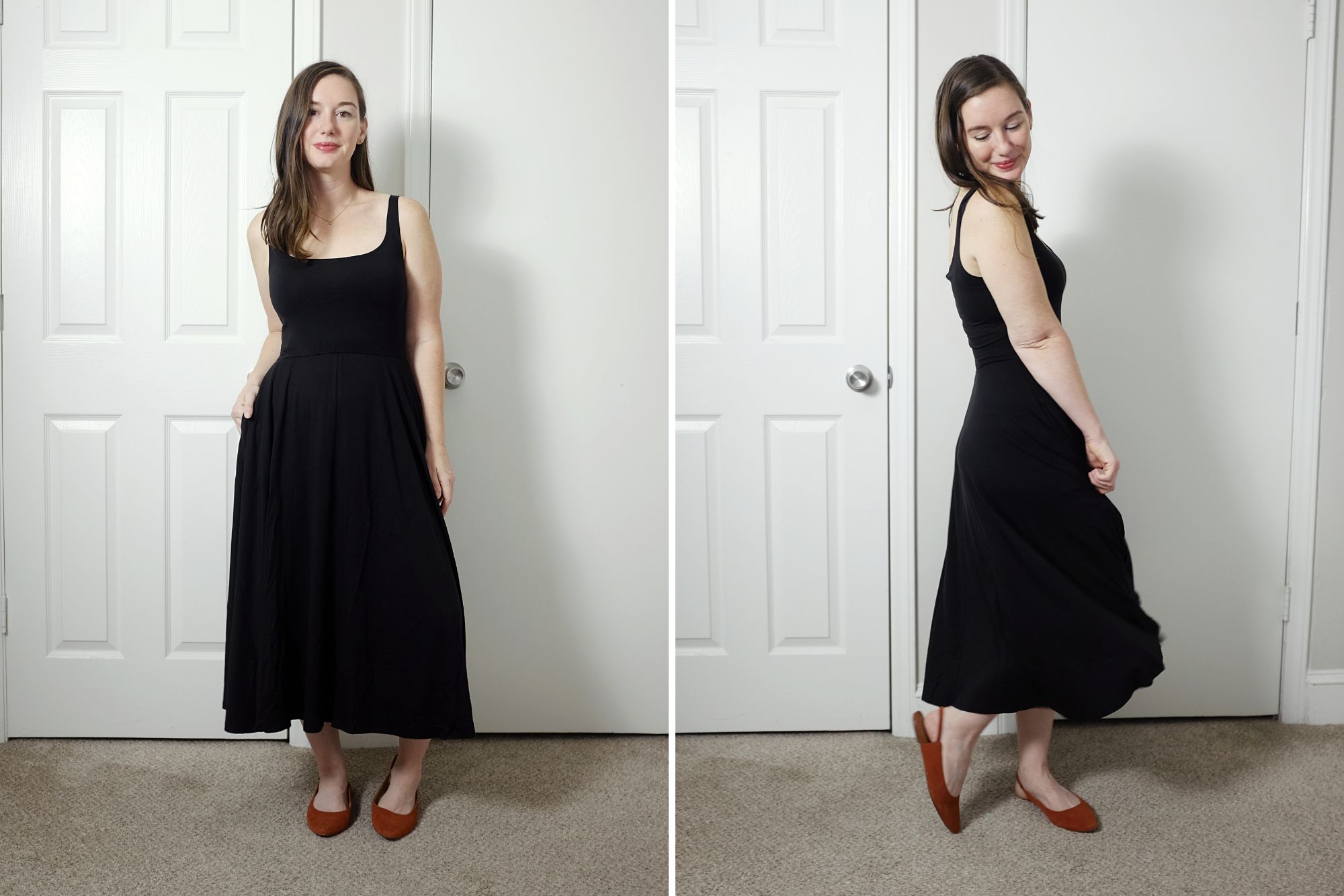 Alyssa wears the Tencel Jersey Fit & Flare Dress from Quince in two photos