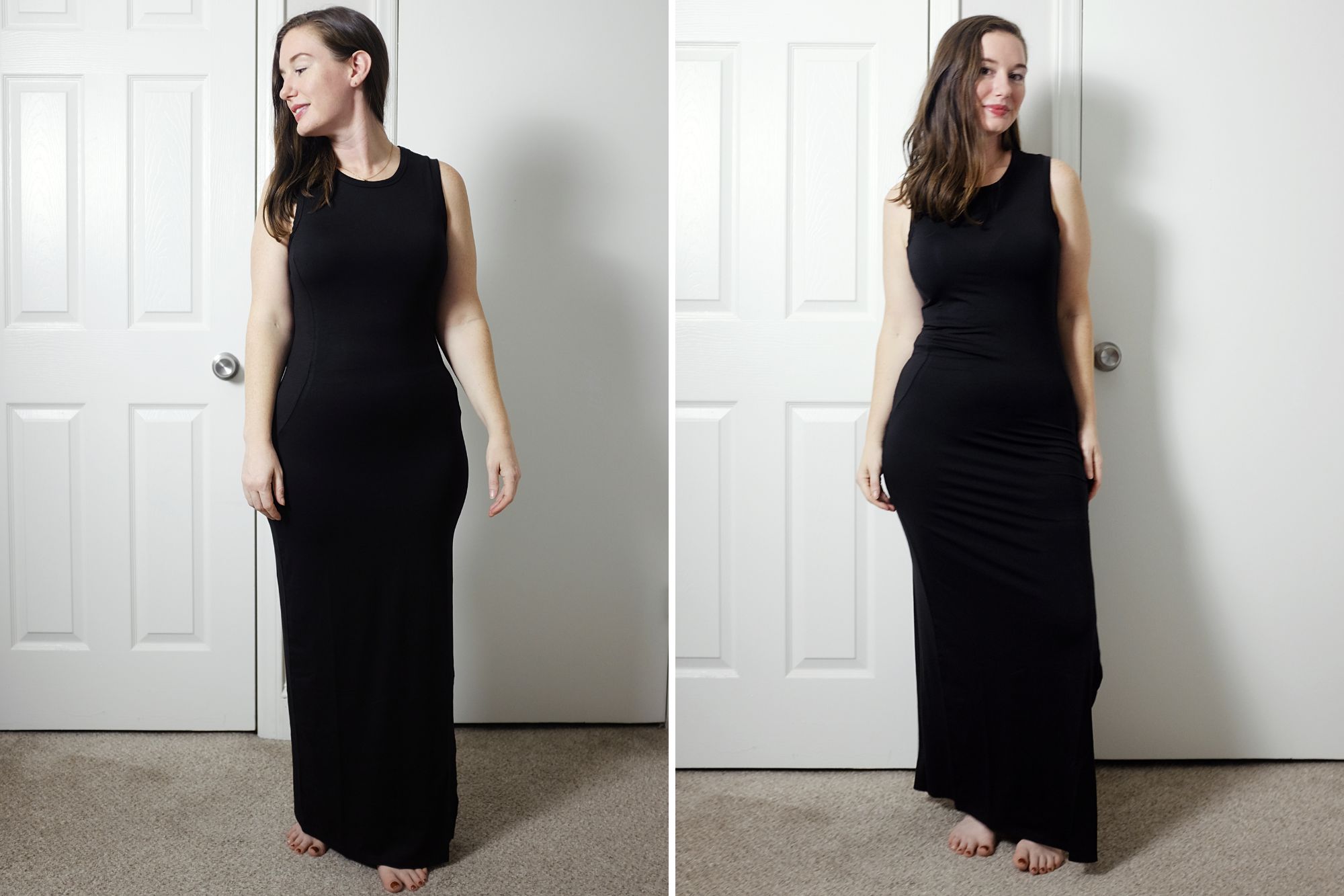 Alyssa wears the Tencel Jersey Tank Maxi Dress from Quince in two photos