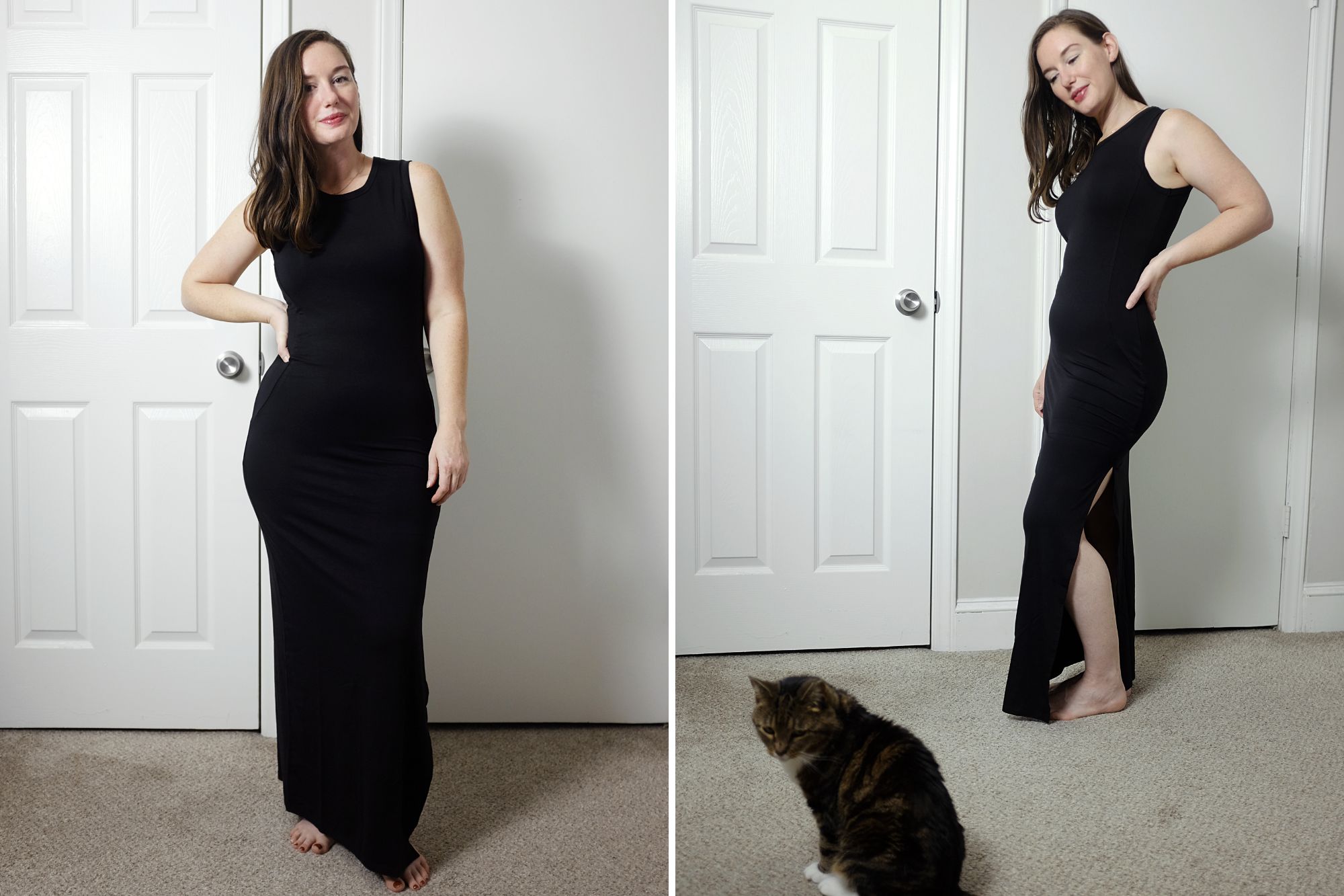 Alyssa wears the Tencel Jersey Tank Maxi Dress from Quince in two photos, and Meow appears in one