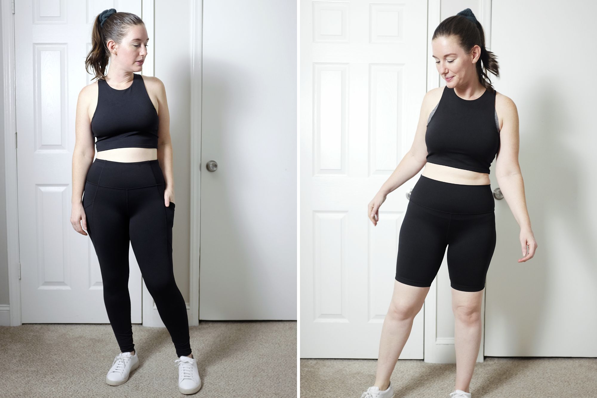 Alyssa wears the Ultra-Soft Performance Cropped Tank from Quince in two photos