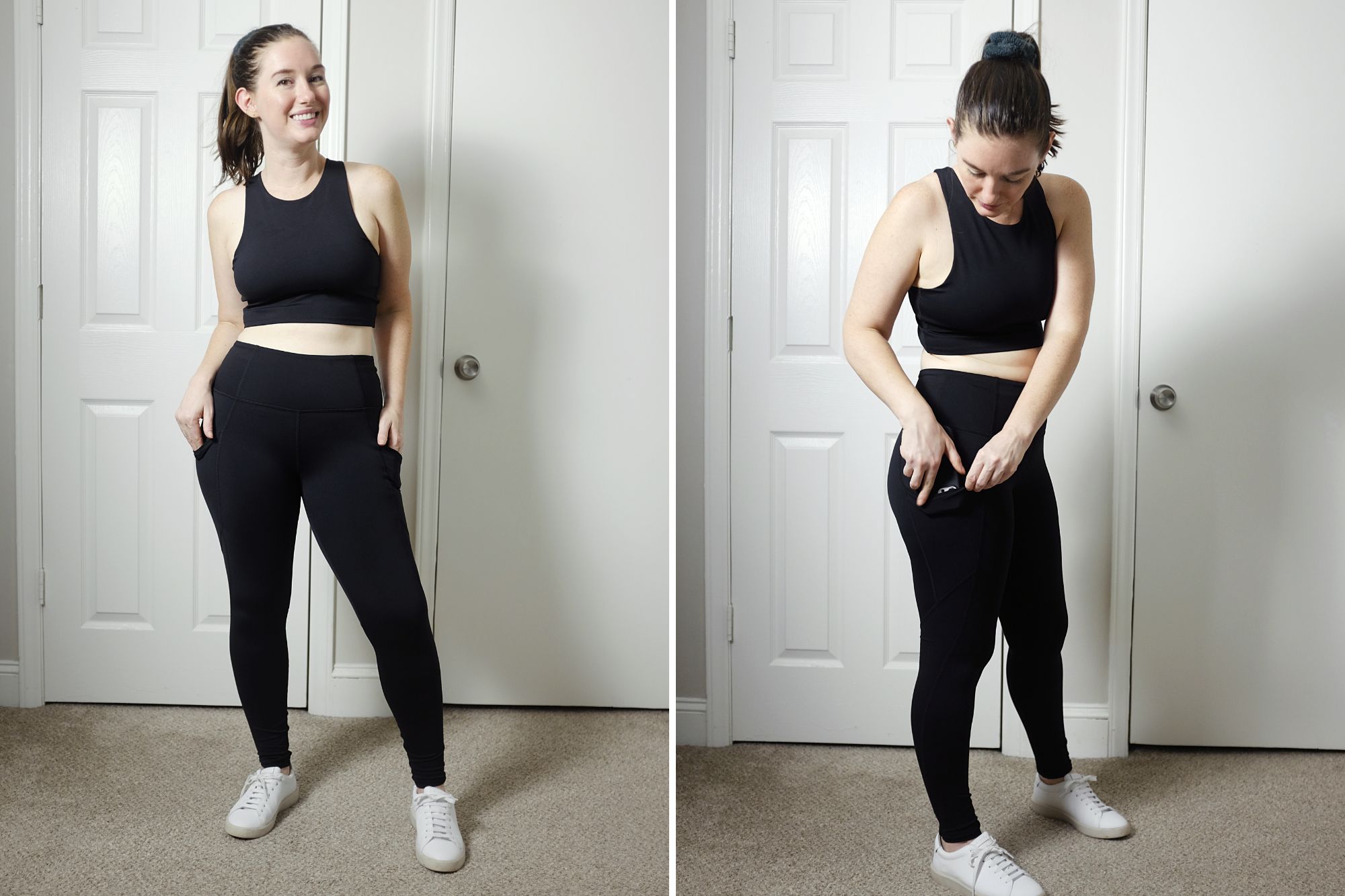 Alyssa wears the Ultra-Soft Performance Pocket Legging from Quince in two photos and shows a phone in the pocket
