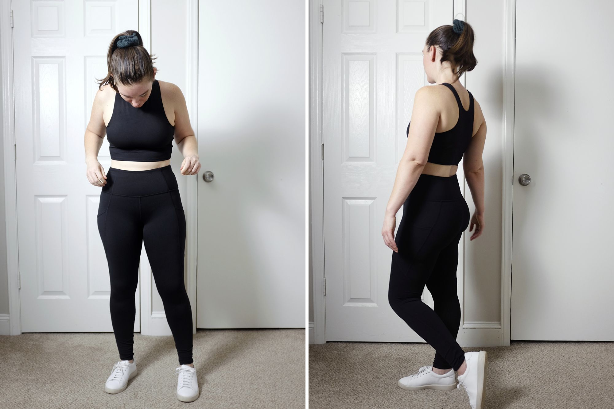Alyssa wears the Ultra-Soft Performance Pocket Legging in two photos showing how they fit from the front and side
