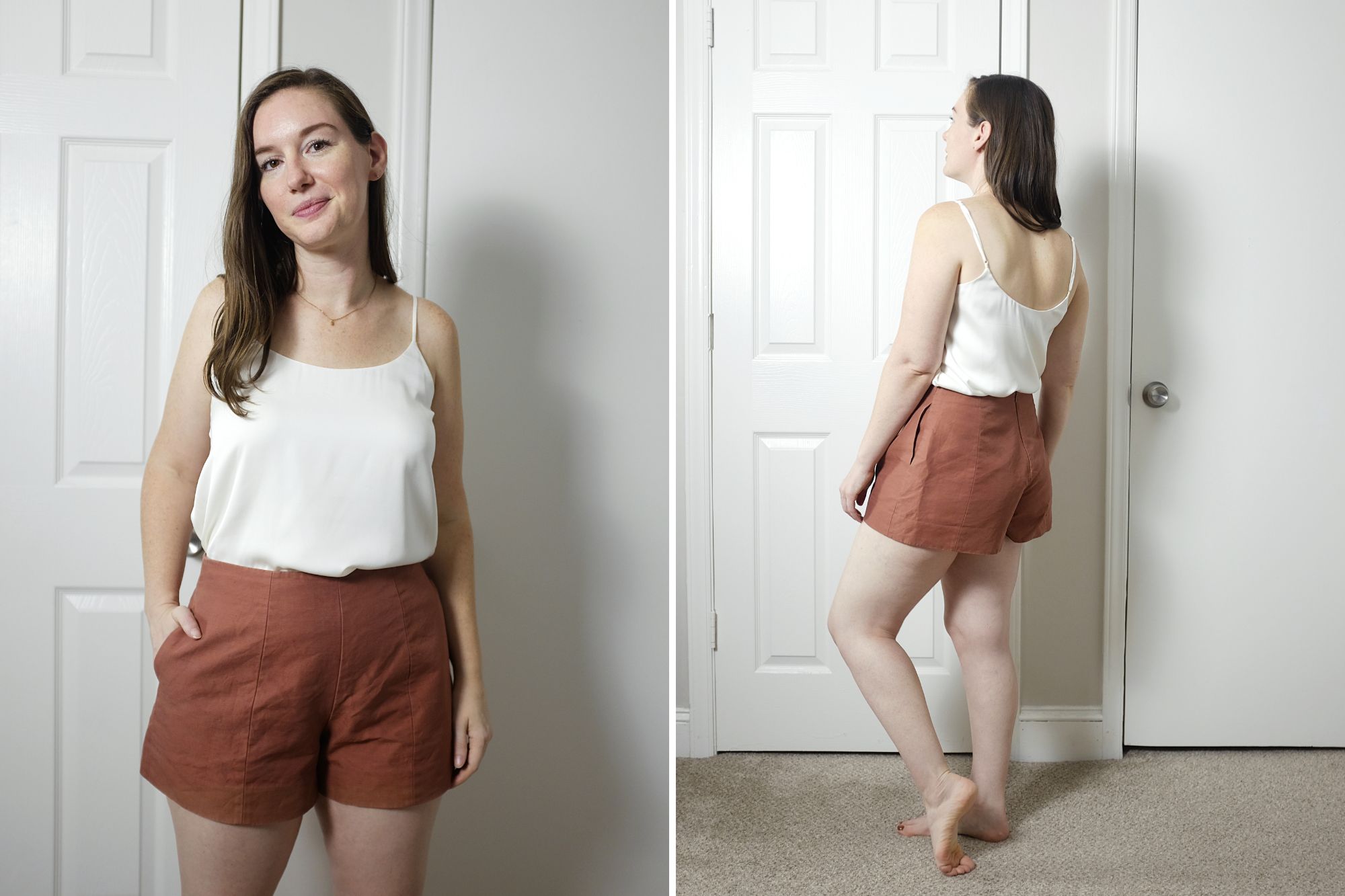 Alyssa wears the Washable Stretch Silk Cami from Quince tucked into a pair of shorts in two poses