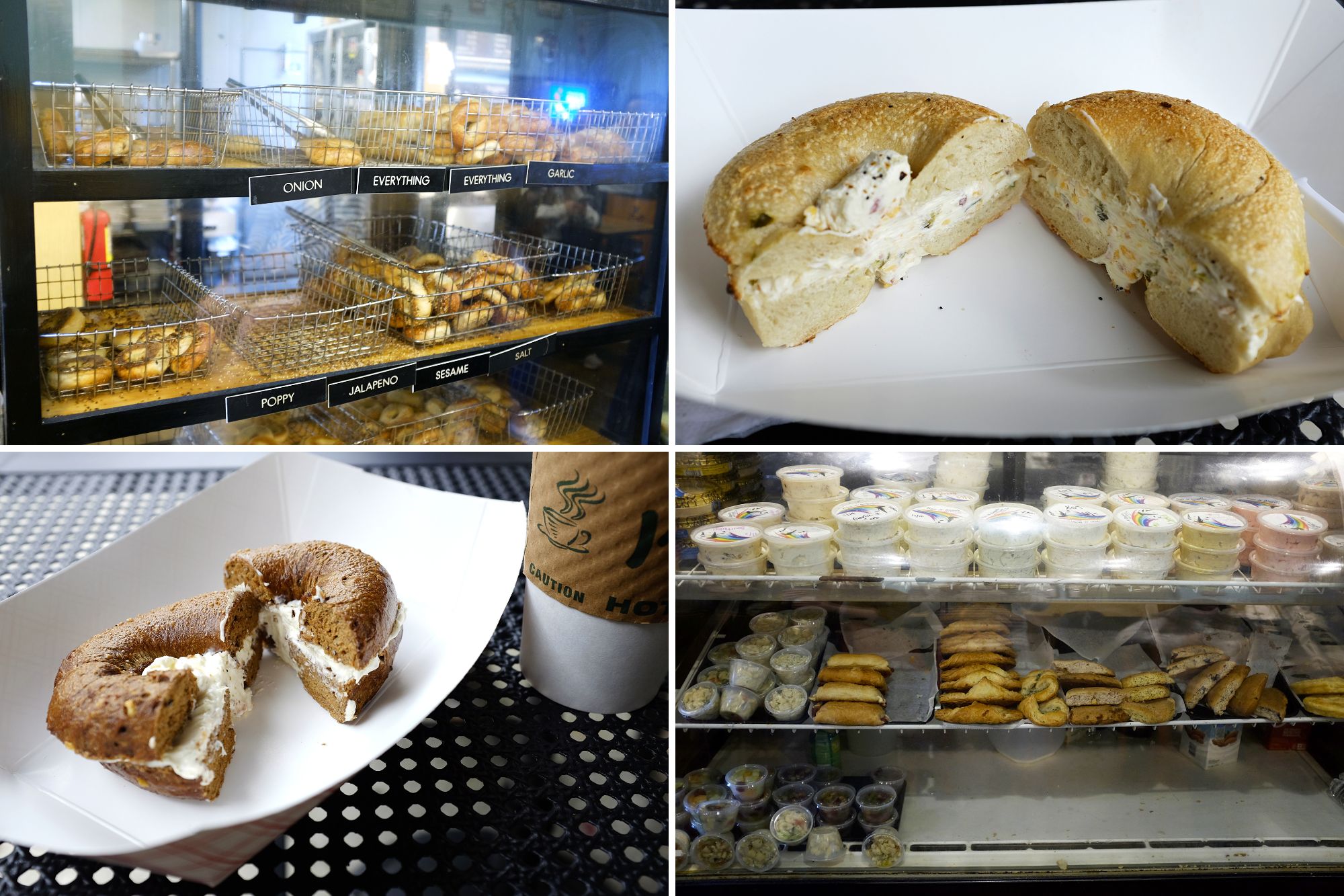 A collage of images of the interior of Rain-N-Bagels and two bagels with cream cheese