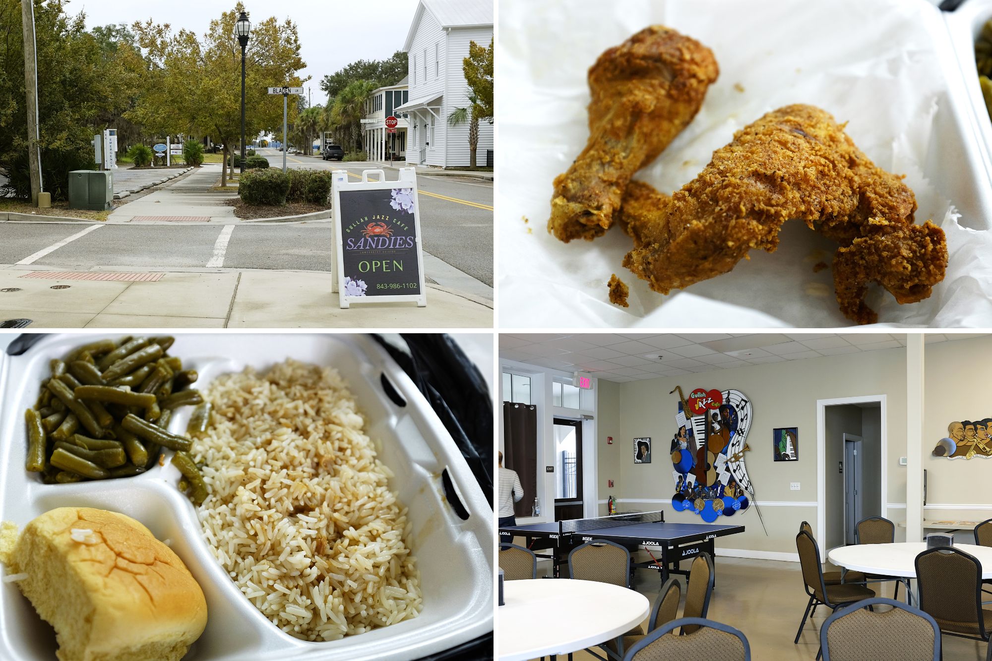 collage of images of the building and food at SANDIES at the Gullah Jazz Cafe