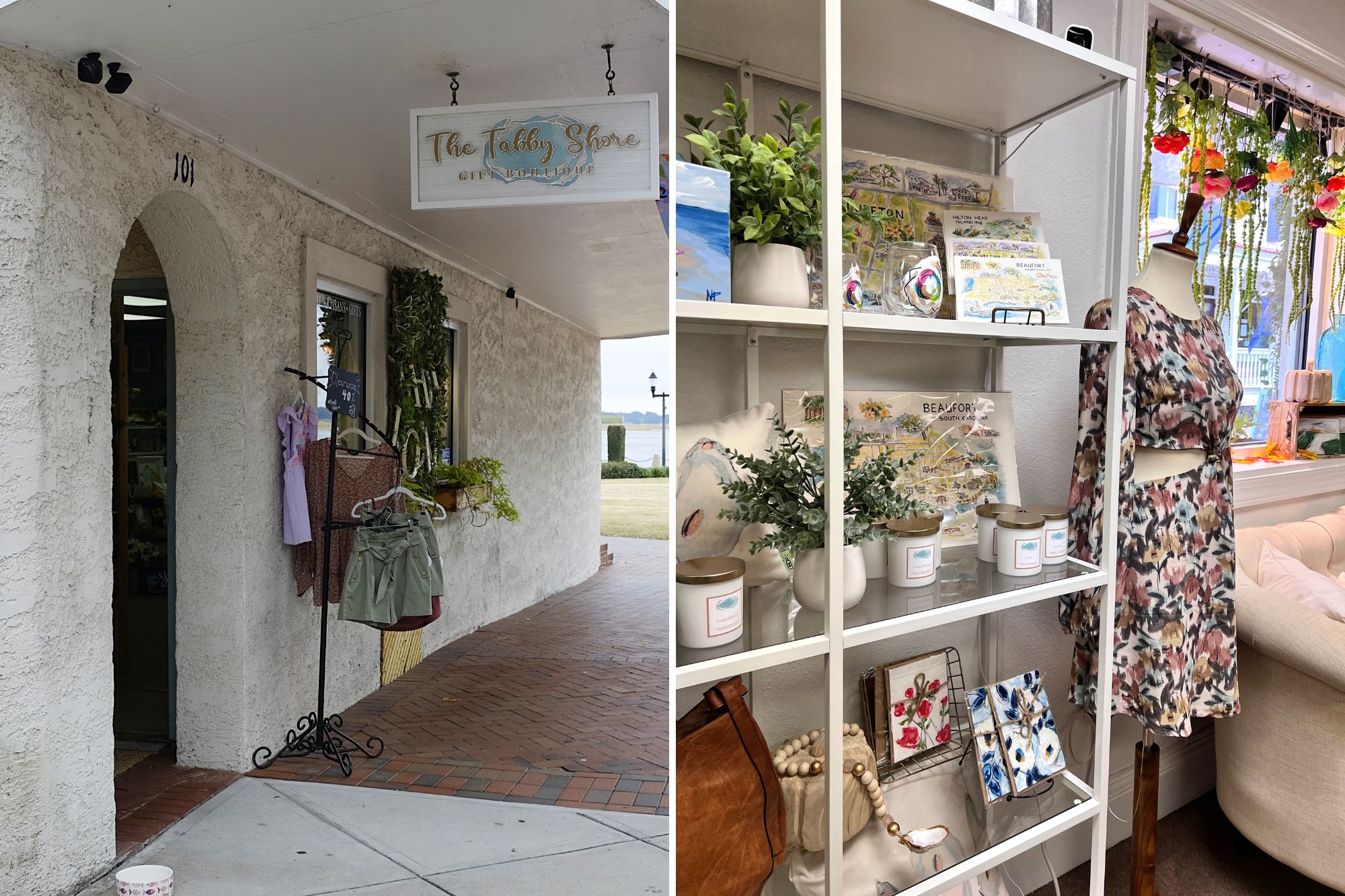 Two images: the exterior of The Tabby Shore and a shelf containing local wares