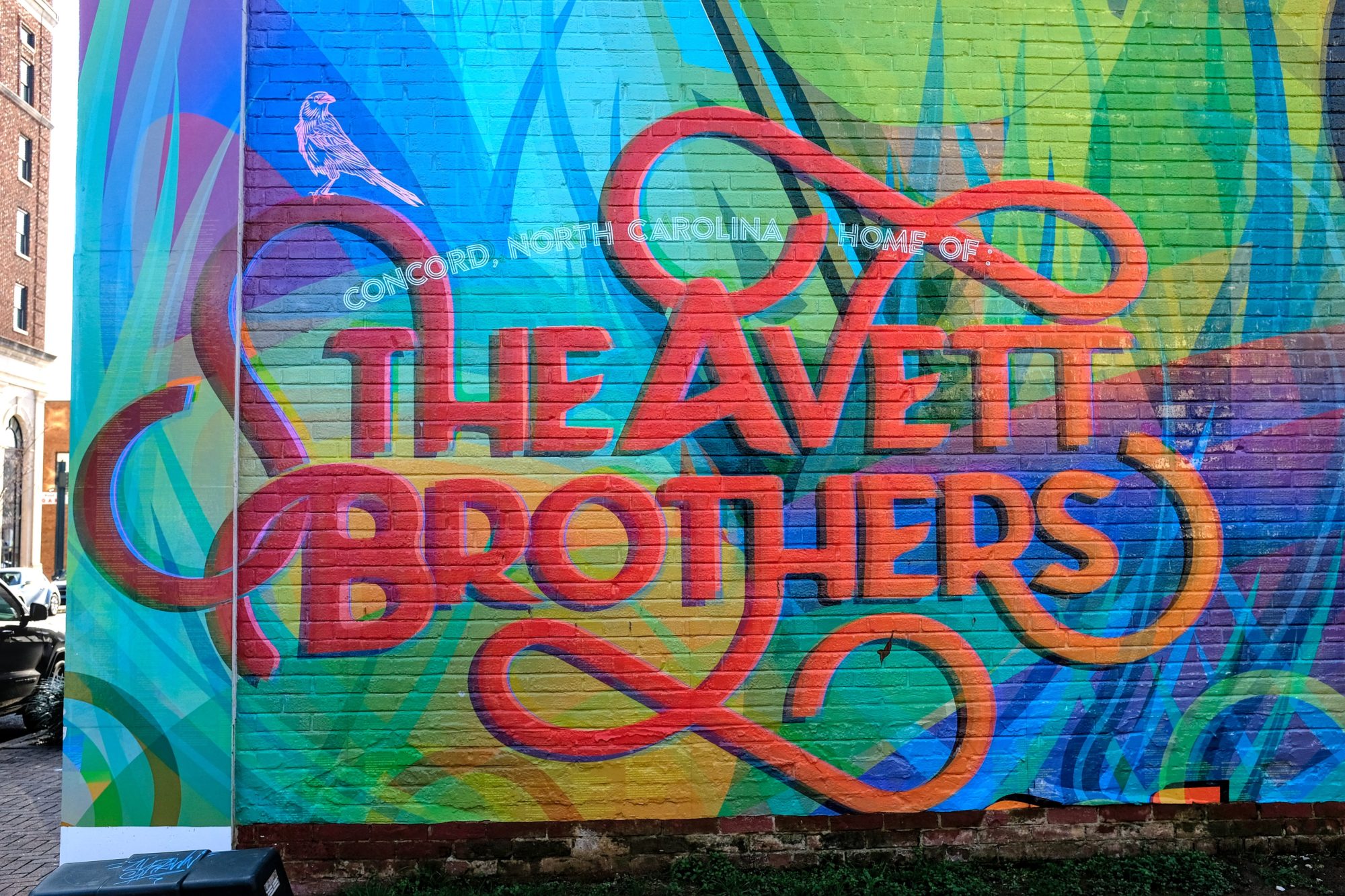 Closeup of The Avett Brothers mural in downtown Concord