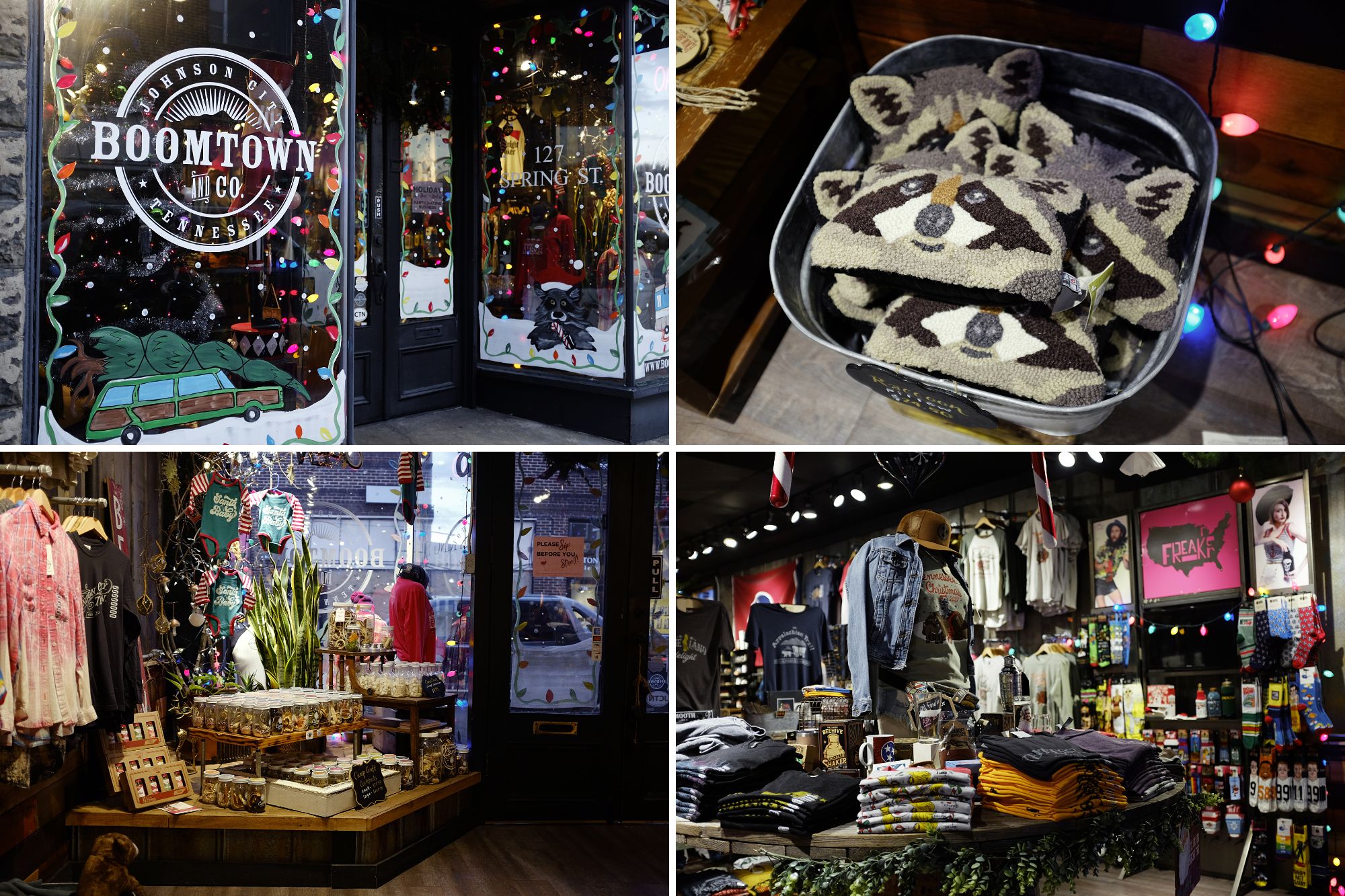 Collage of images of the exterior and products sold at Boomtown and Co