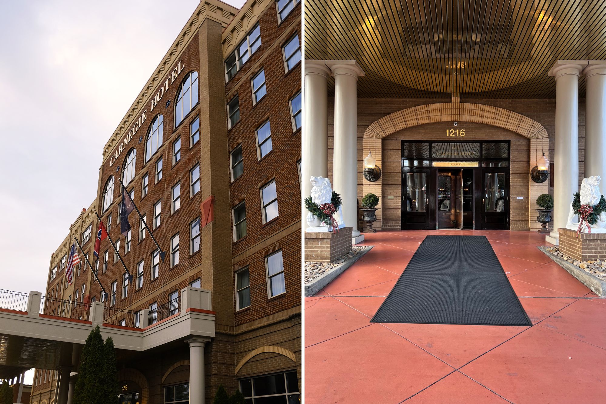 A photo of the exterior of the Carnegie Hotel, and its revolving door