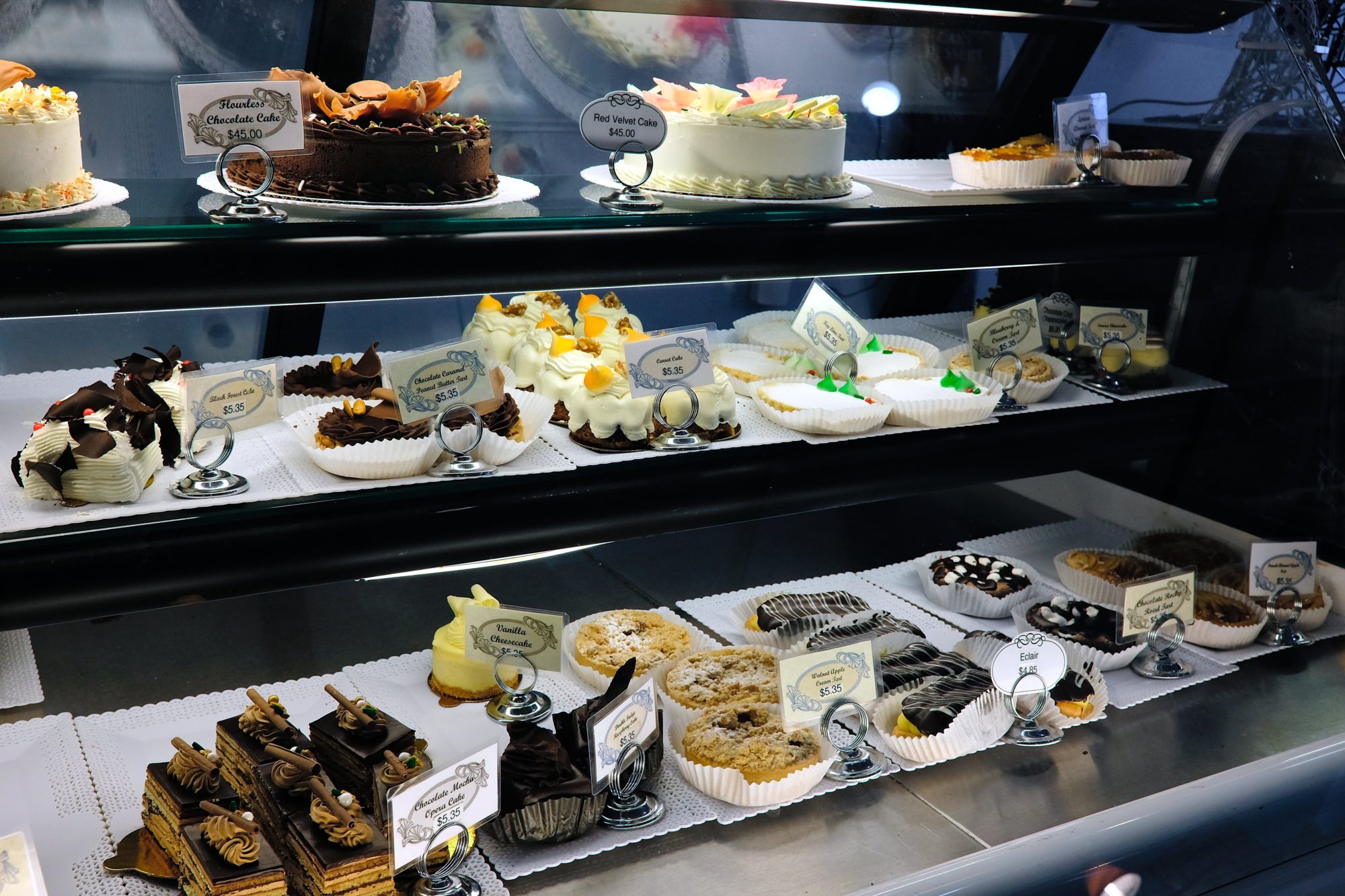 Display of cakes and pastries at Chocolatier Barrucand