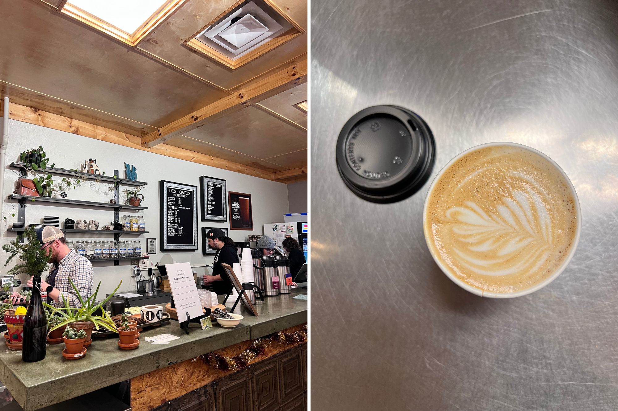 Two images: the coffee bar at Dos Gatos, and a cappuccino with latte art