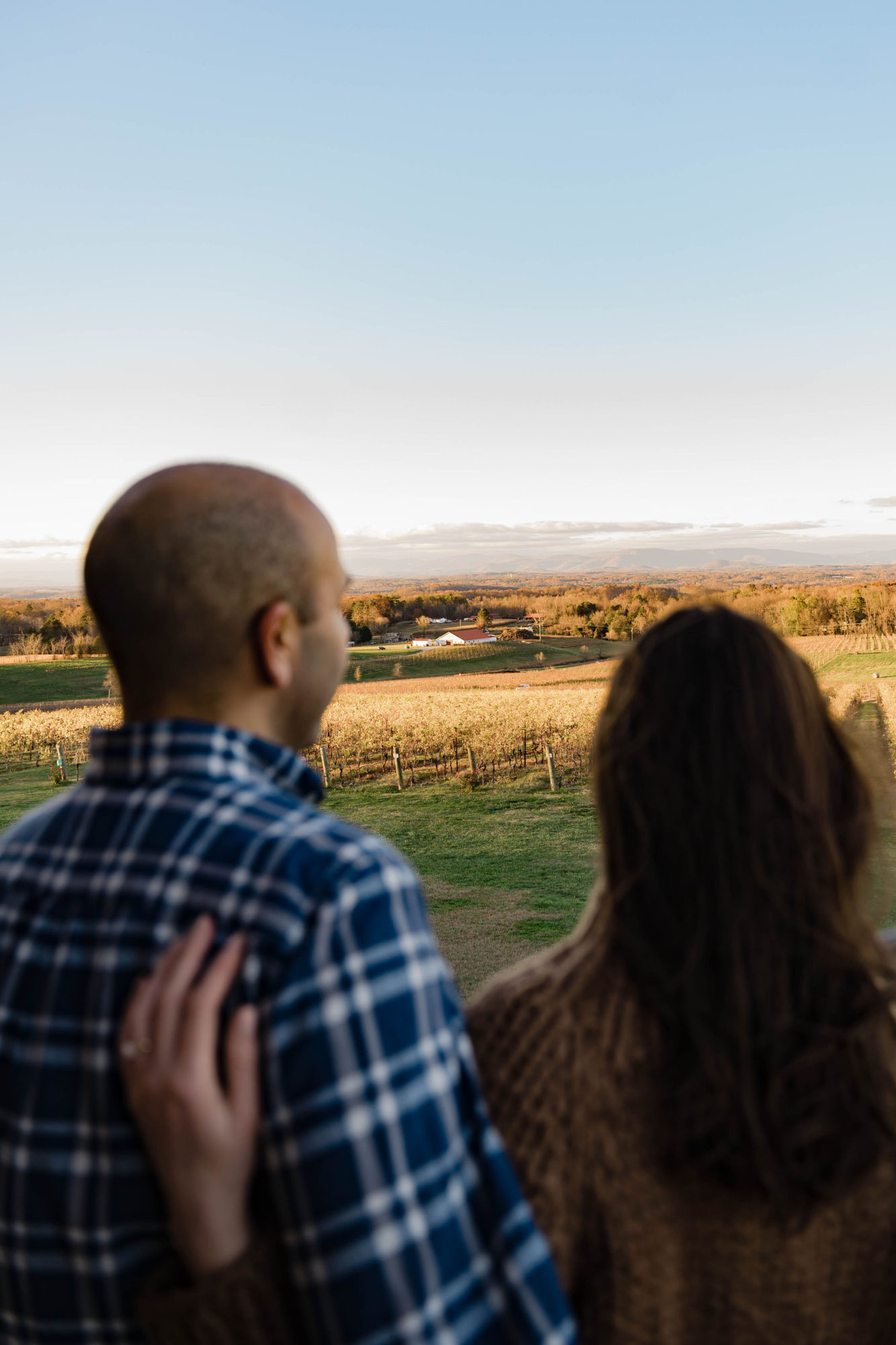 Alyssa and Michael look out over a vineyard for their engagement photos