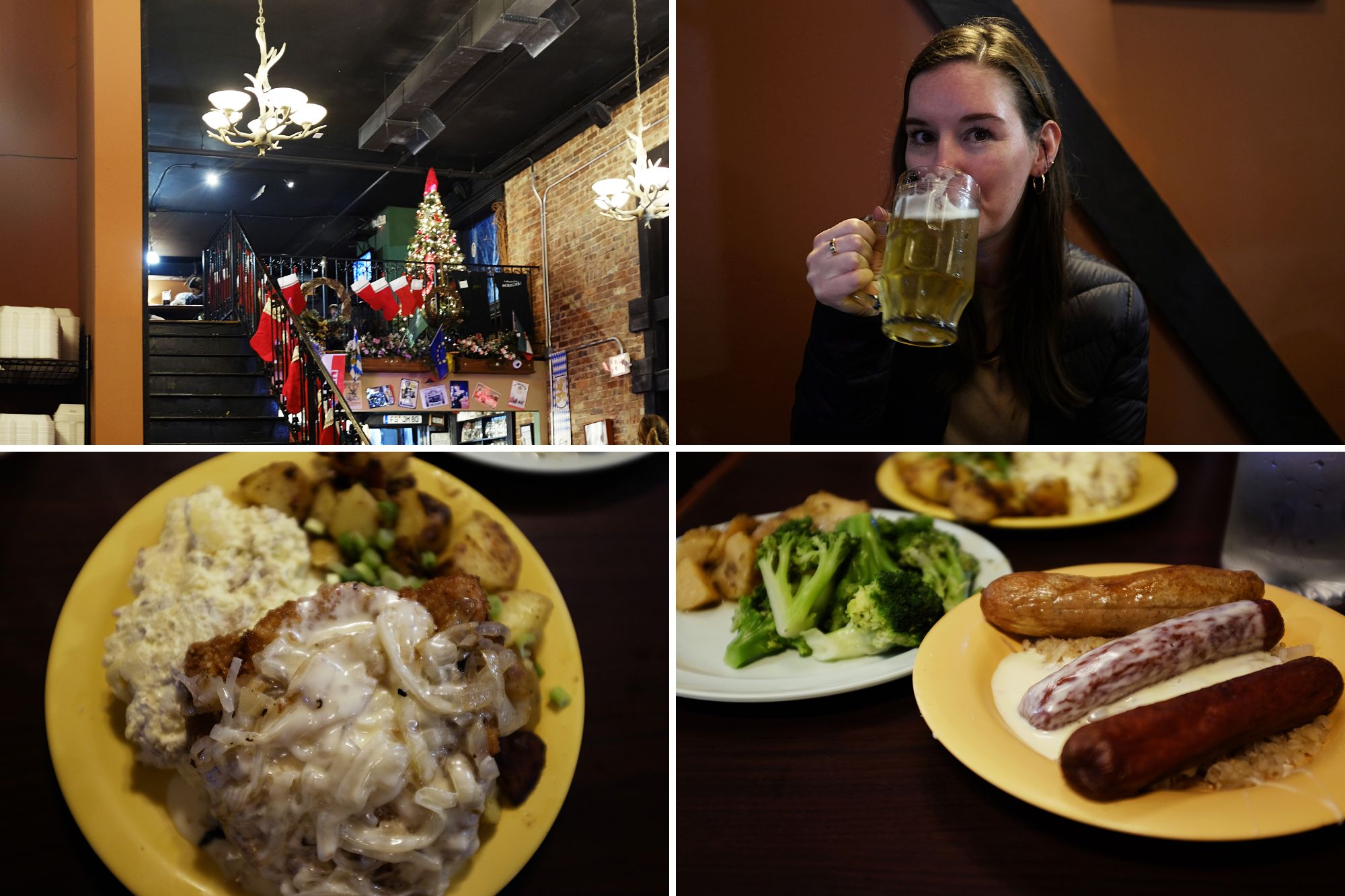 Collage of the interior of Freiberg's Restaurant, Alyssa drinking a beer, and the schnitzel and bratwursts