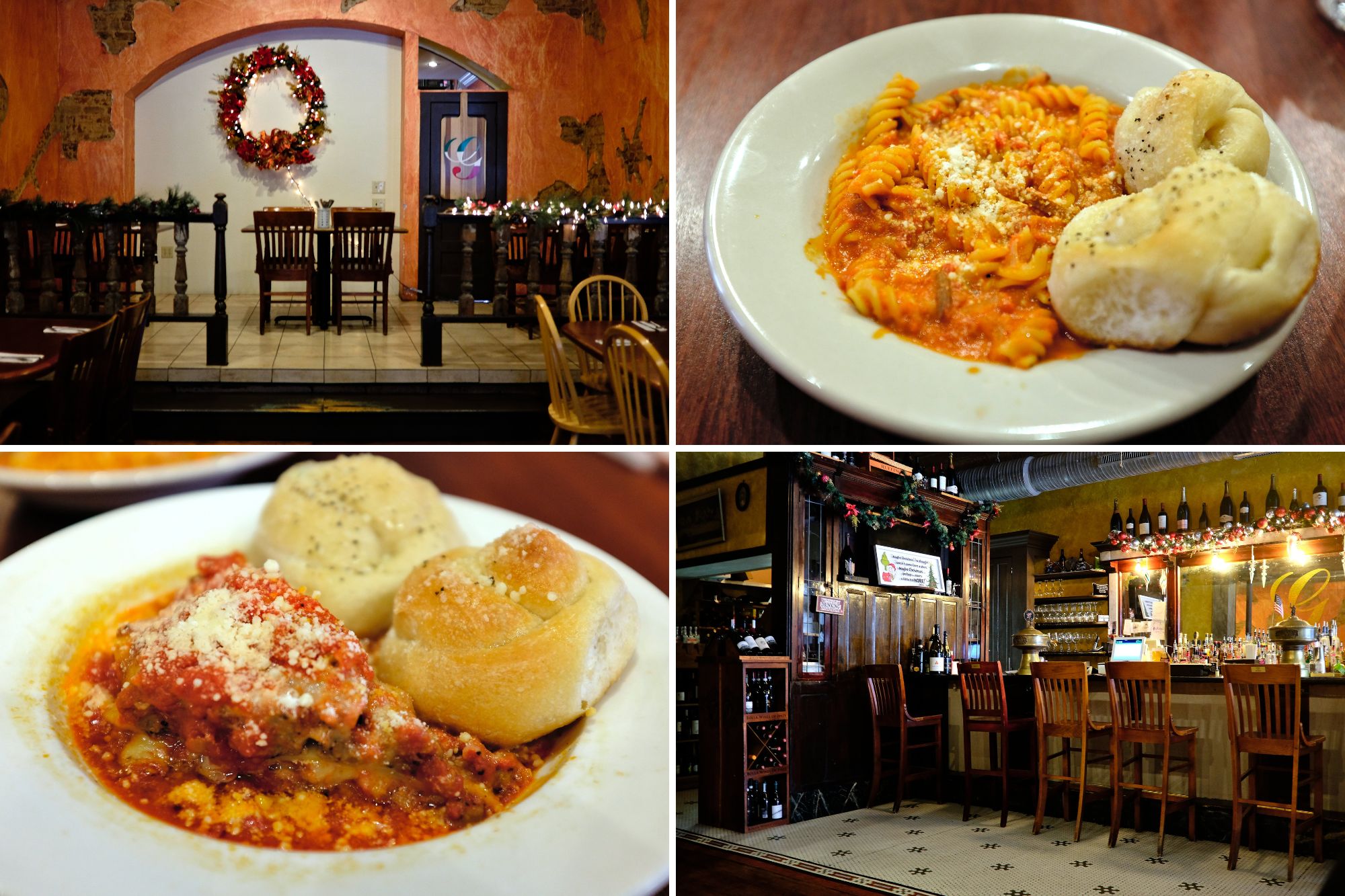 Collage of images inside Gianni's Trattoria and of the pasta dishes