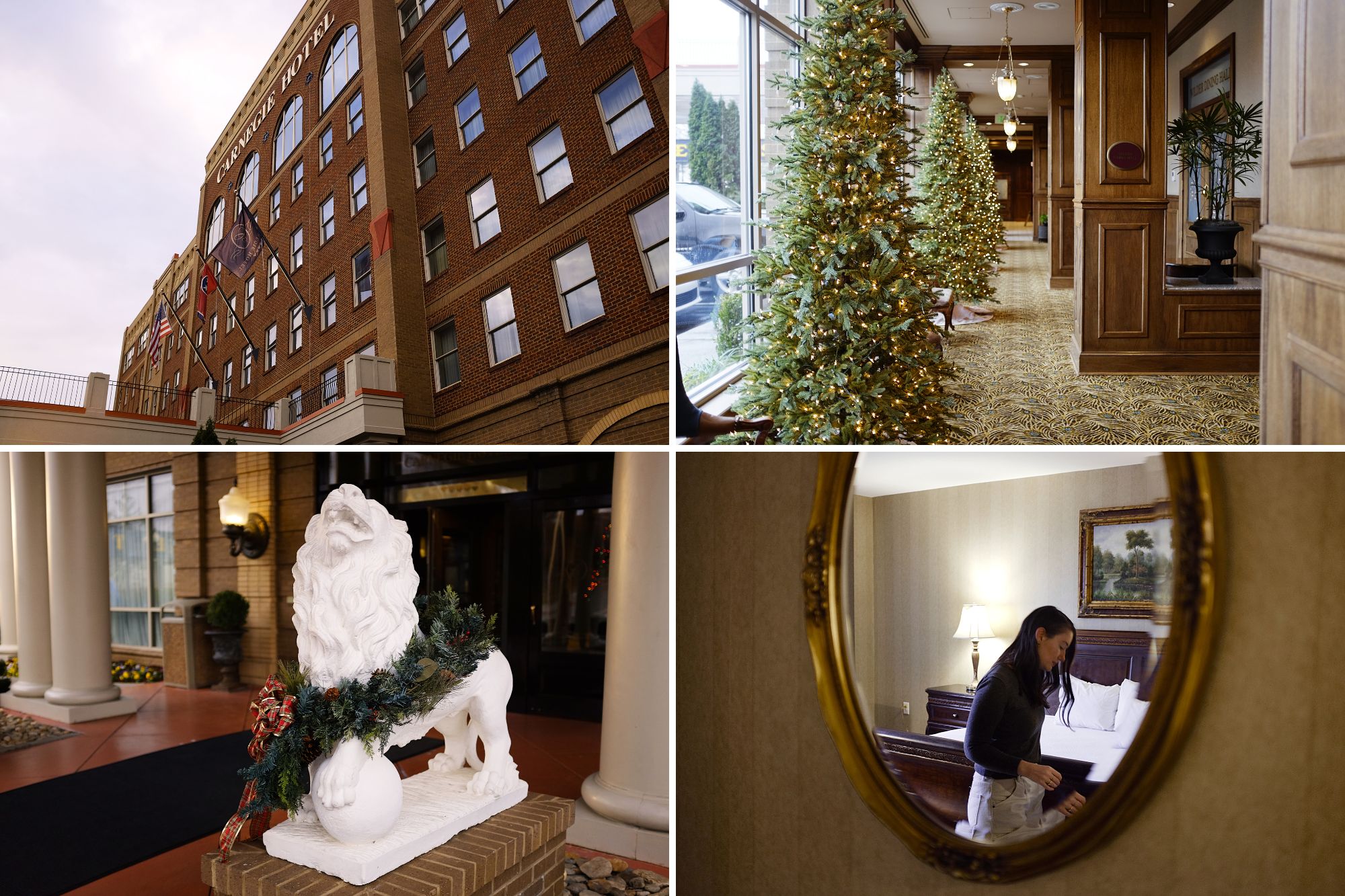 Carnegie Hotel Images: exterior, interior with Christmas trees, a lion with a wreath, and Alyssa in the room