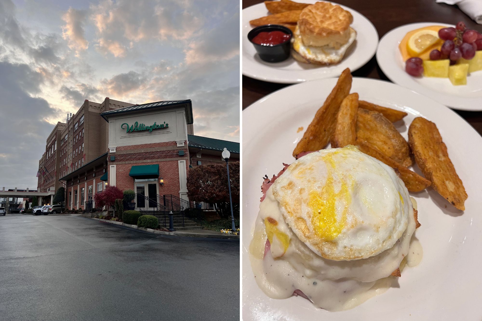 Exterior of Wellington's and a table with a croque madame and sausage biscuit