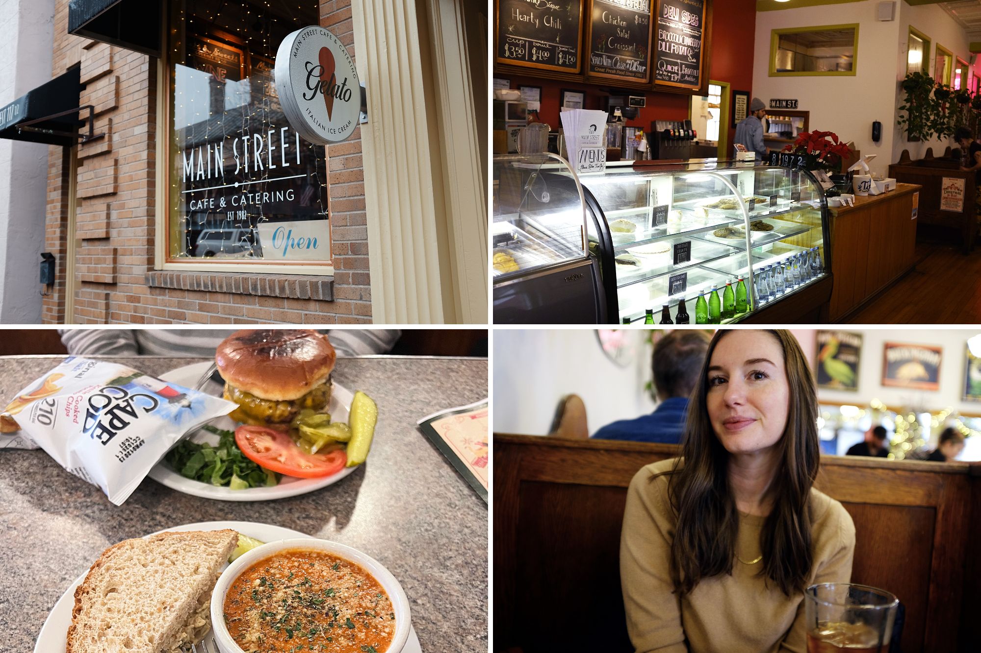 Main Street Cafe and Catering's sign, interior, and lunch