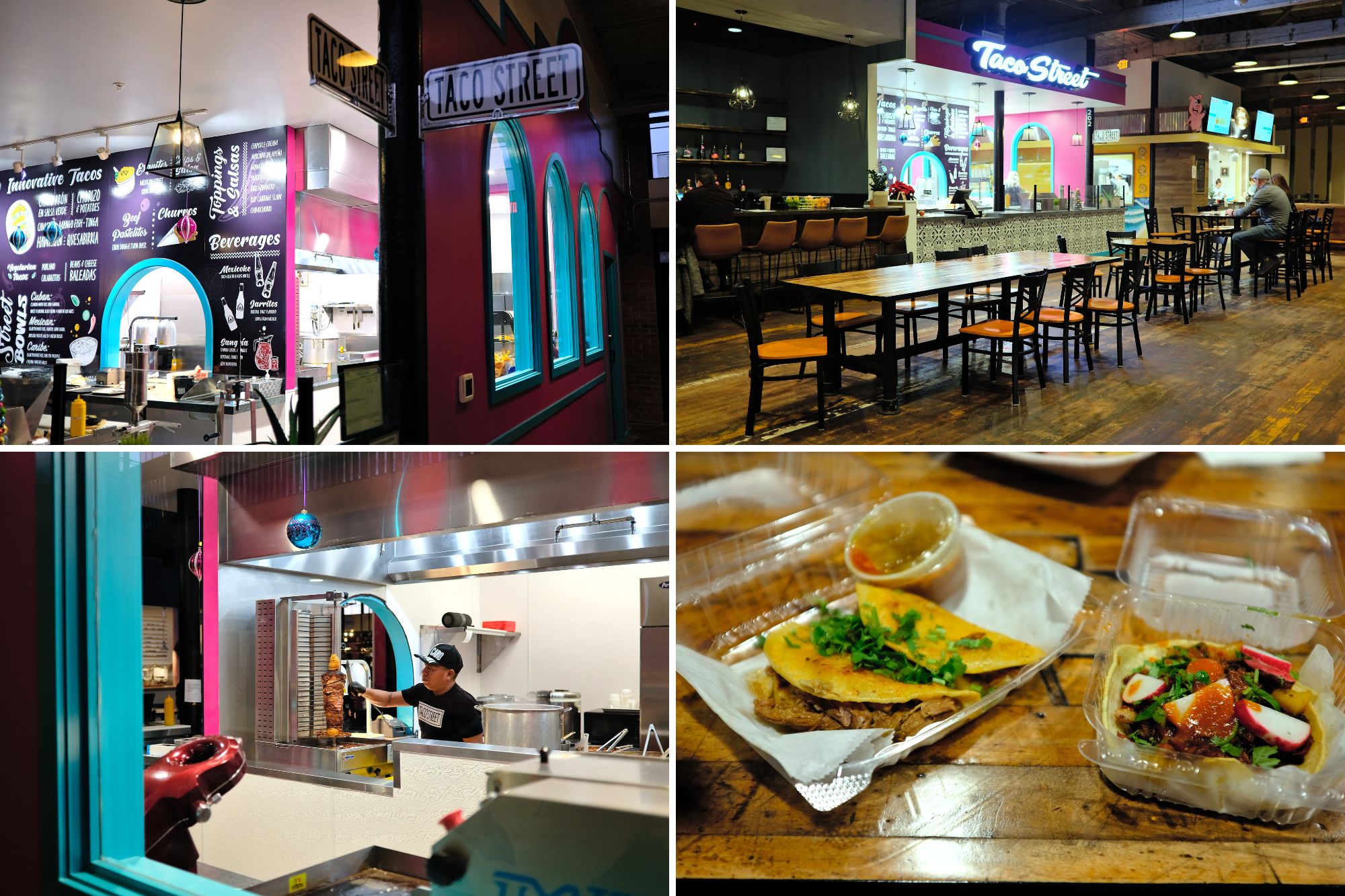 Collage of the kitchen and food from Taco Street in Concord