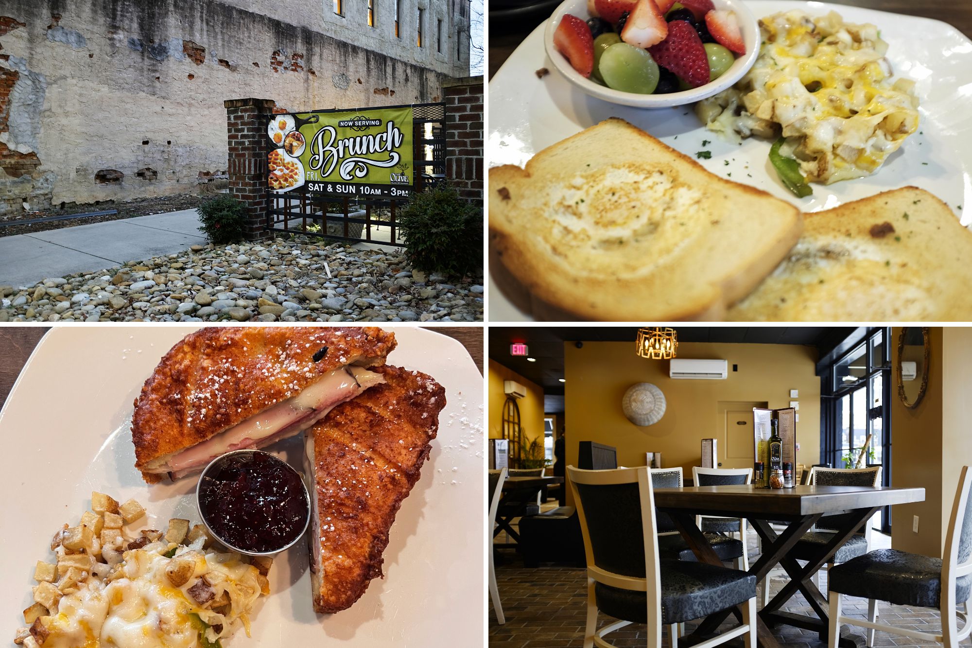 Collage of images from The Black Olive, including a sign advertising brunch, the Monte Cristo, eggs in a hole, and tables in the restaurant