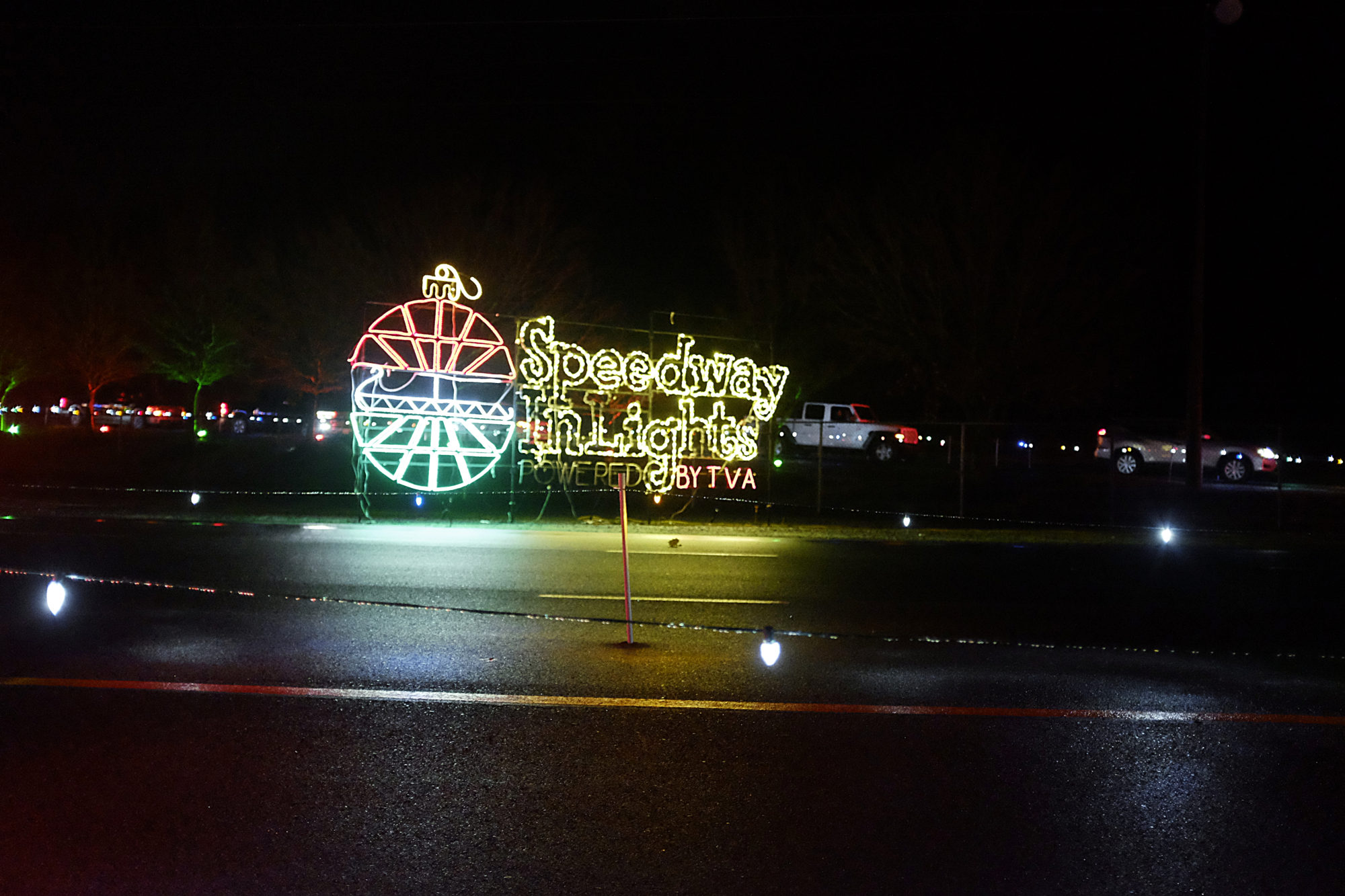 A lit sign reading Speedway in Lights
