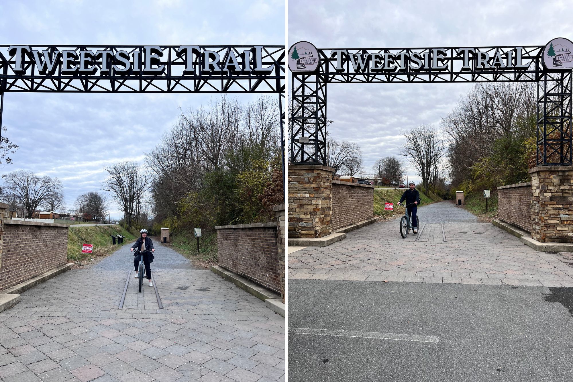 Two images: one of Alyssa and one of Michael on their bikes at the trailhead for Tweetsie Trail